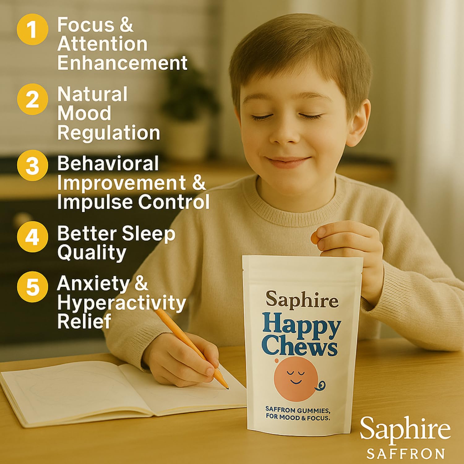 SAPHIRE HAPPY CHEWS Saffron Gummies showing soft chewy texture