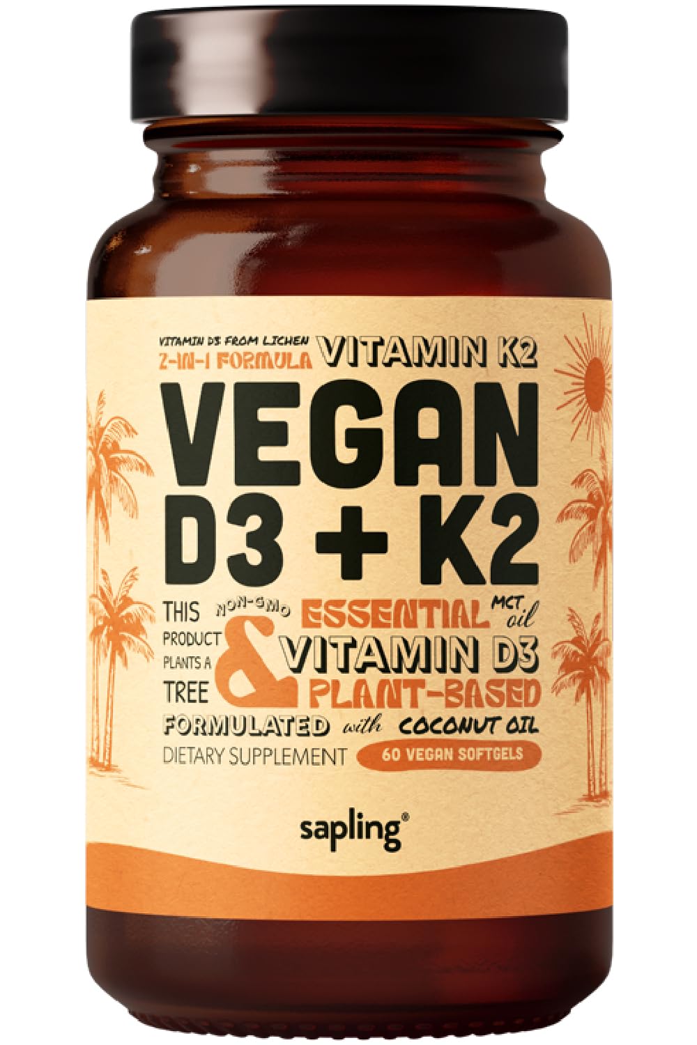 Sapling Vegan D3 + K2 Softgels bottle front view