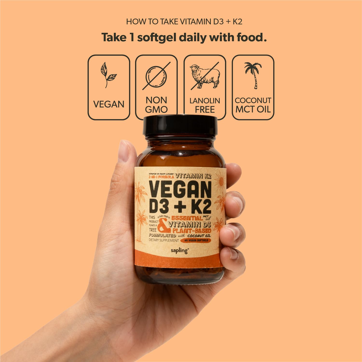 Sapling Vegan D3 + K2 Softgels bottle side view