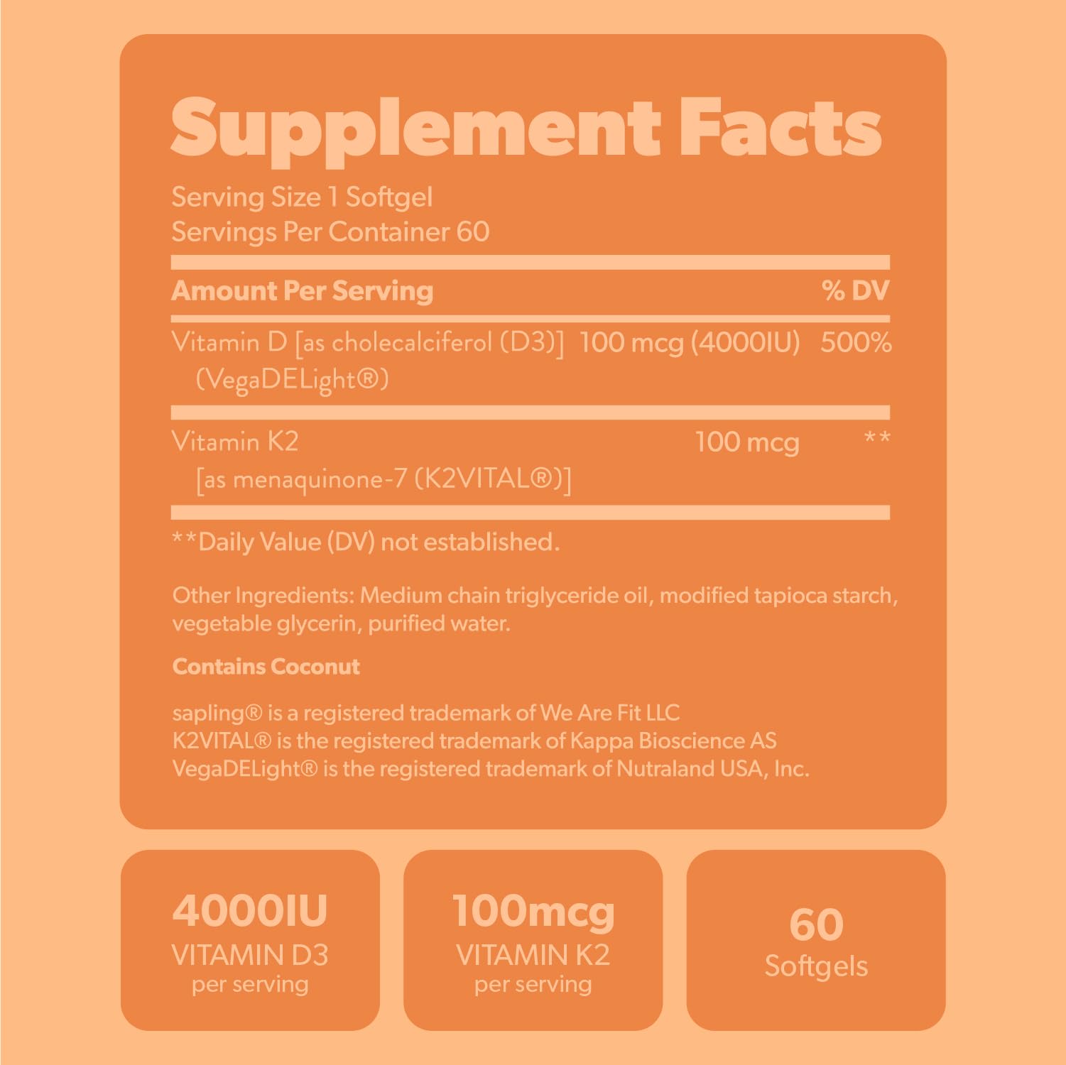 Sapling Vegan D3 + K2 Softgels with a plant background