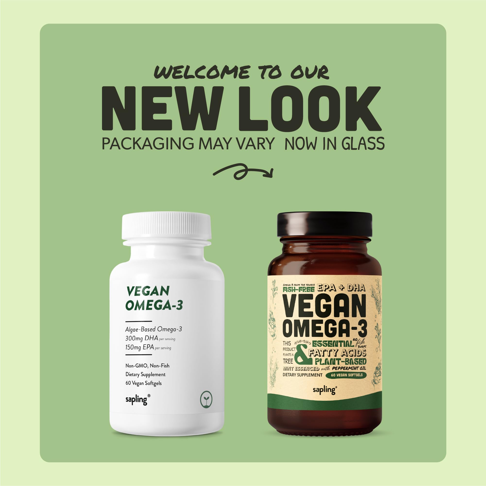Sapling Vegan Omega-3 Algal Oil Supplement bottle with peppermint oil scent pack