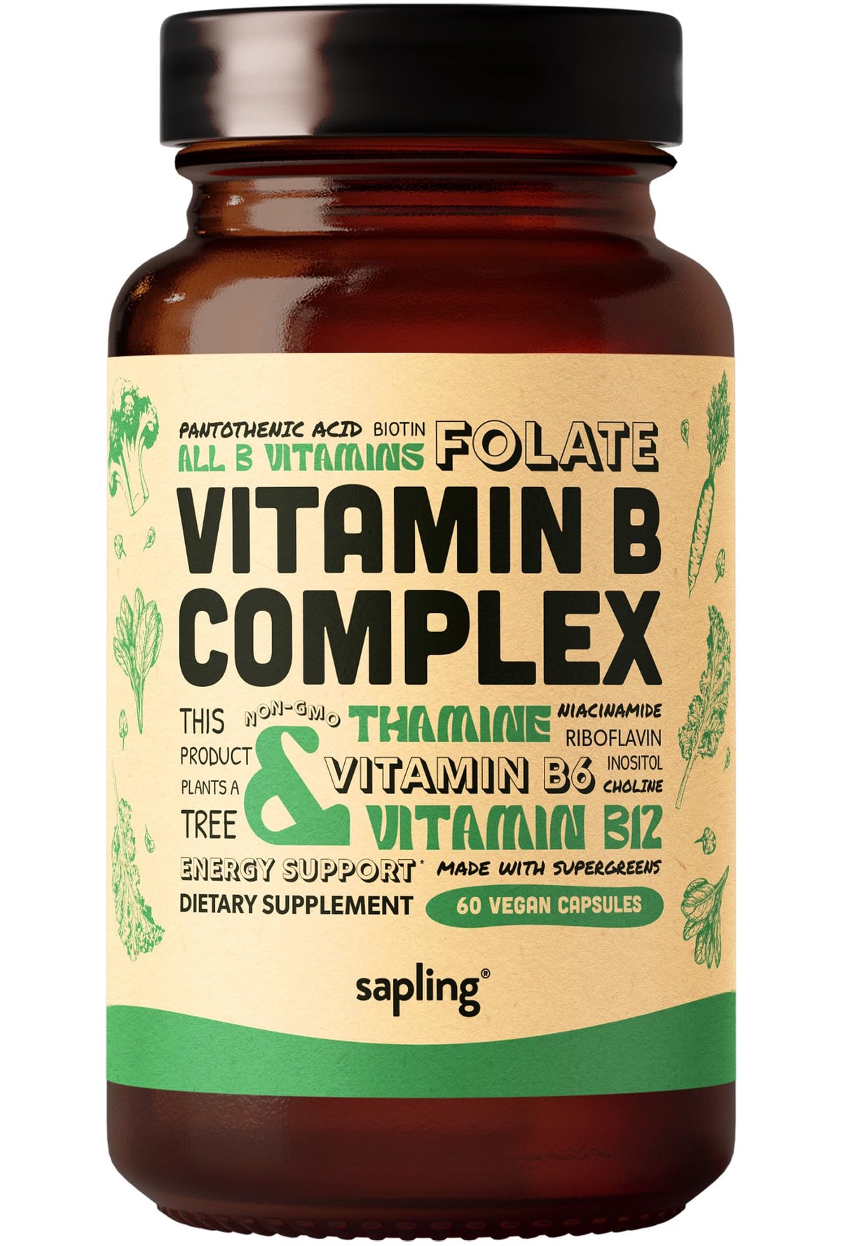 Sapling Vegan Vitamin B Complex bottle front view