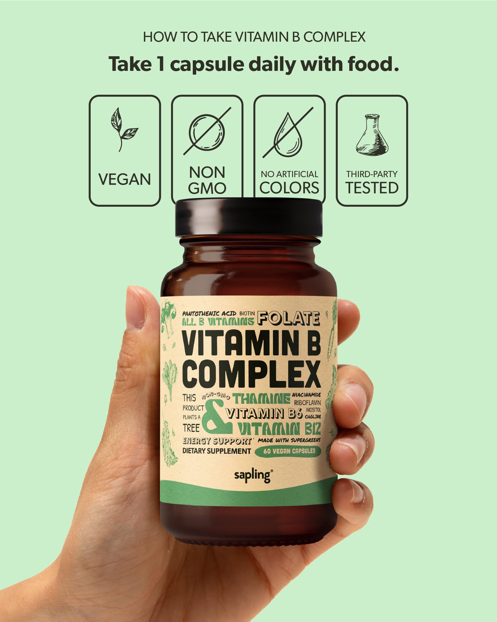 Sapling Vitamin B Complex bottle on a wooden table