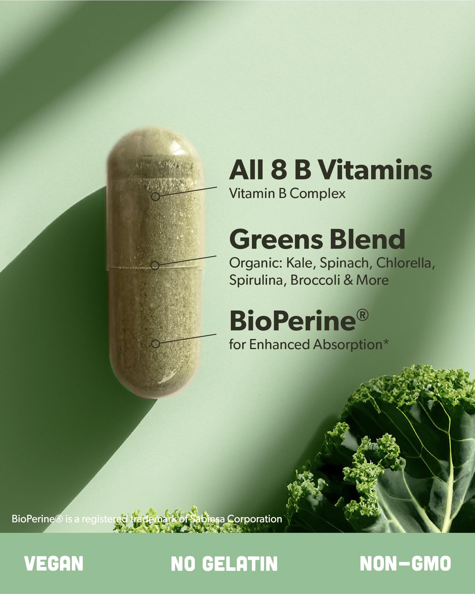 Sapling Vitamin B Complex bottle with super greens blend