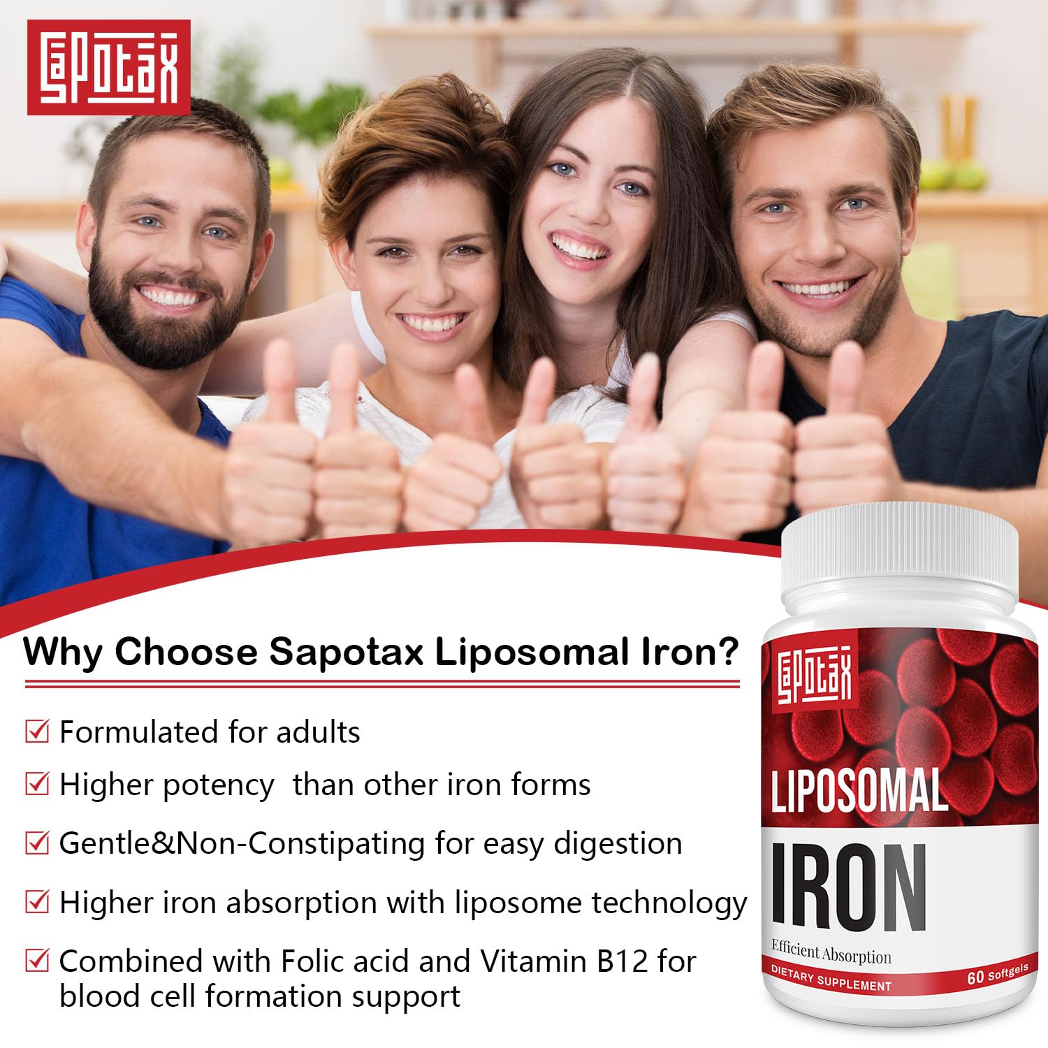 Sapotax Iron Supplement 65mg softgel with water glass