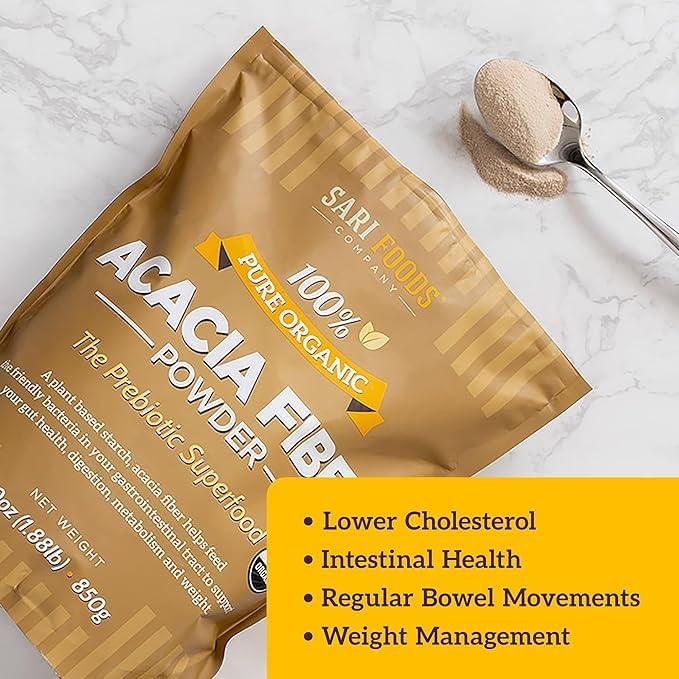 Sari Foods Co Acacia Fiber Powder 850g scoop with powder