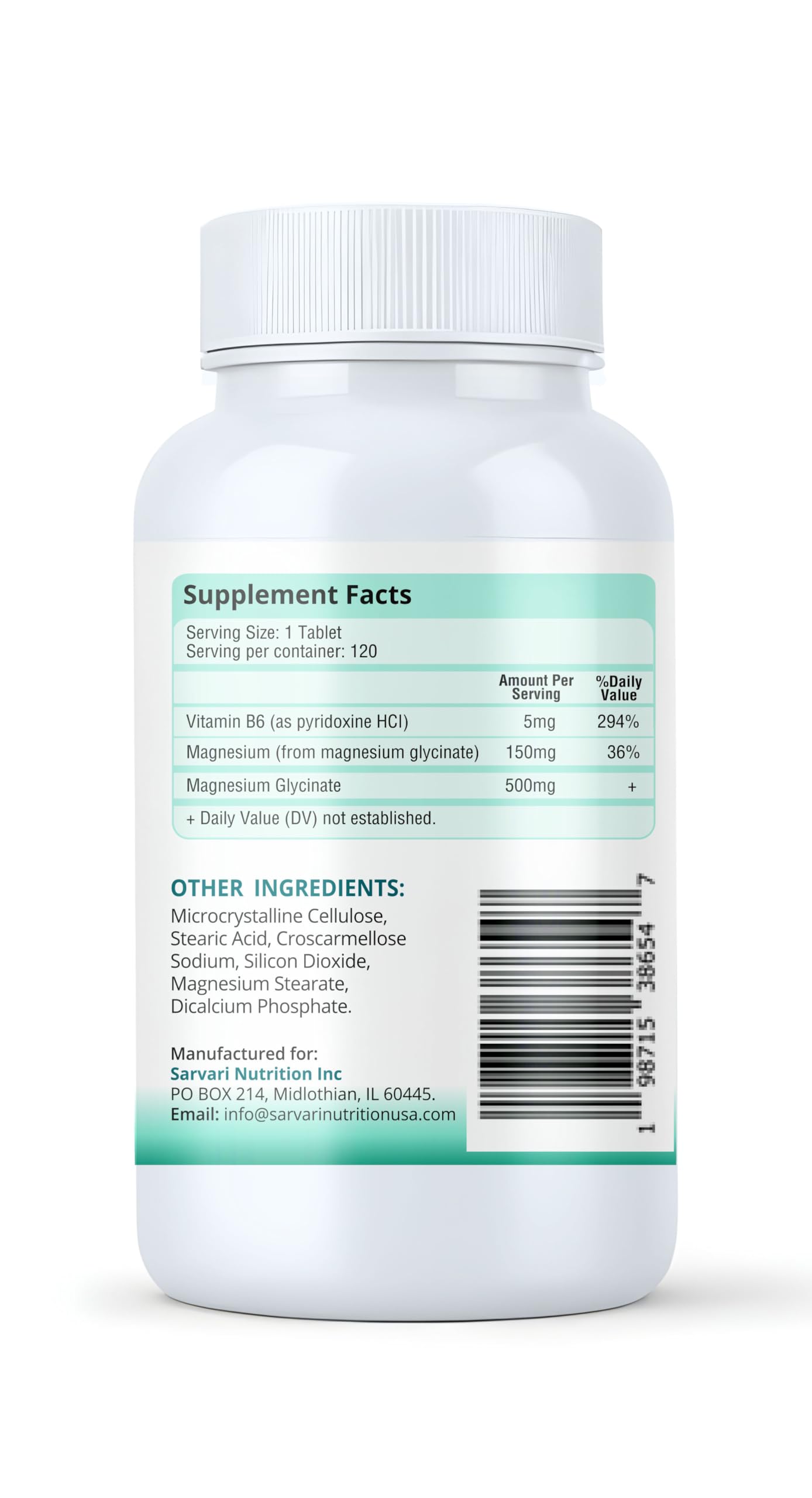 Sarvari Nutrition Magnesium Glycinate 500mg with B6 bottle top