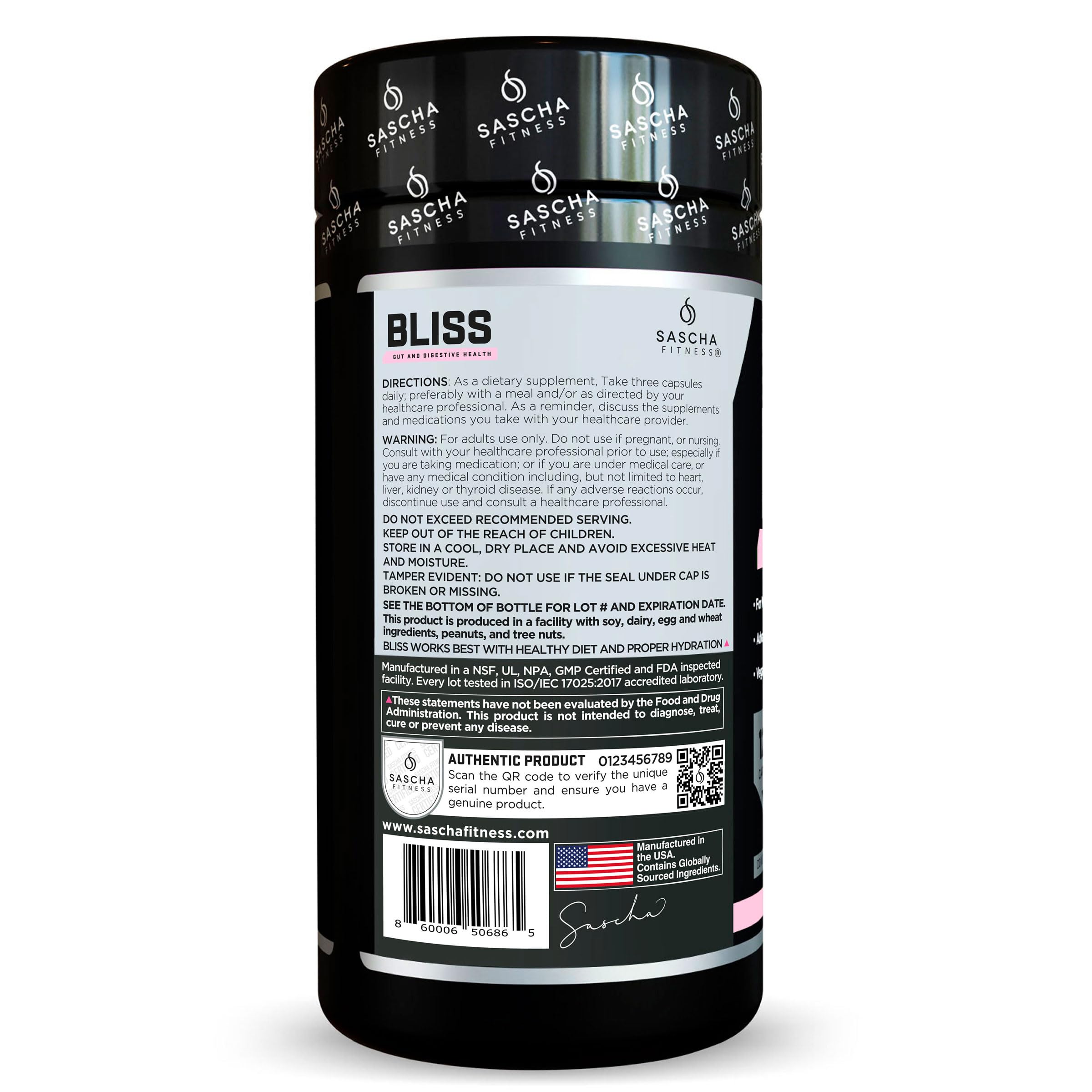 SASCHA FITNESS Bliss a daily routine supplement side view showing ingredients