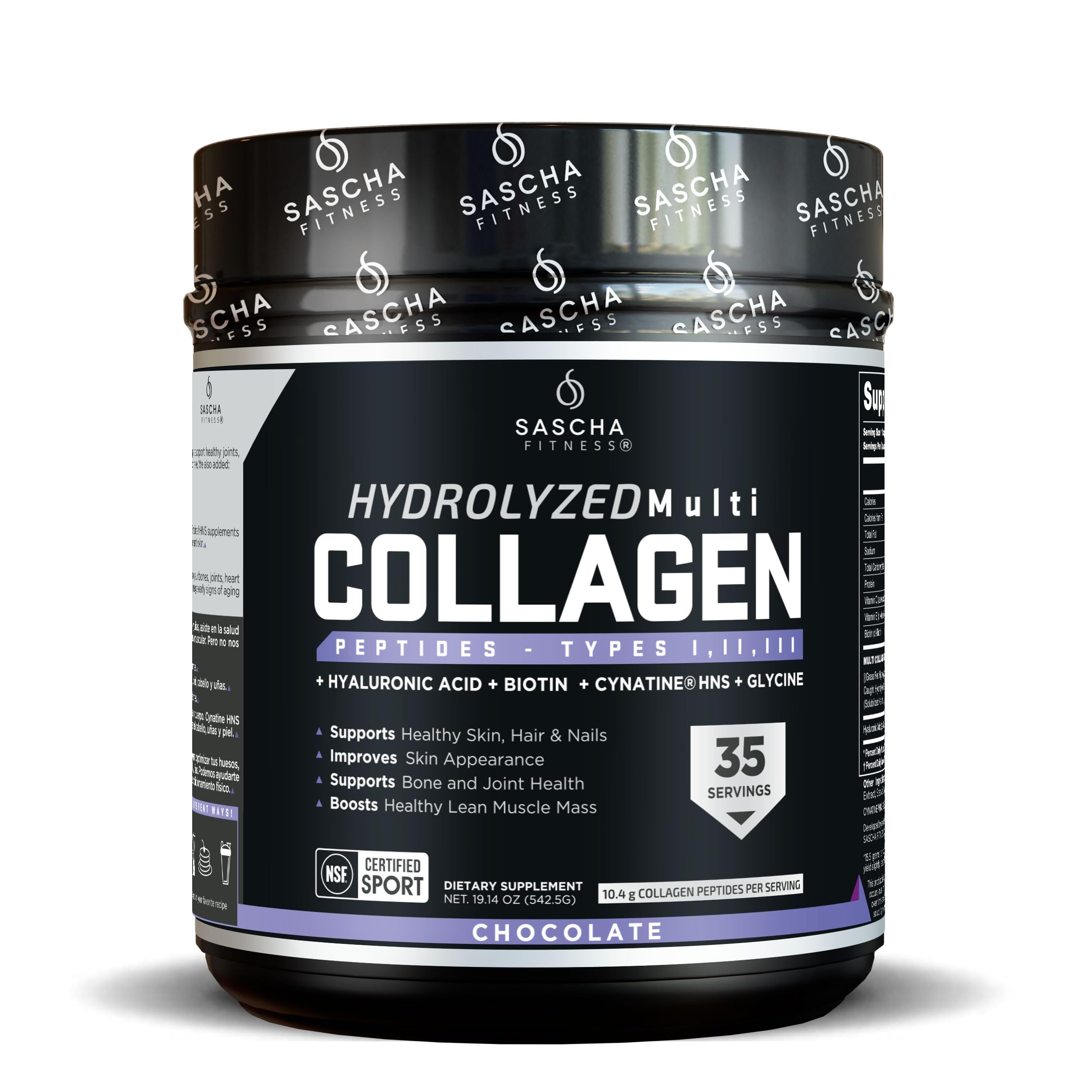 SASCHA FITNESS Collagen Powder 490g front view with natural cocoa