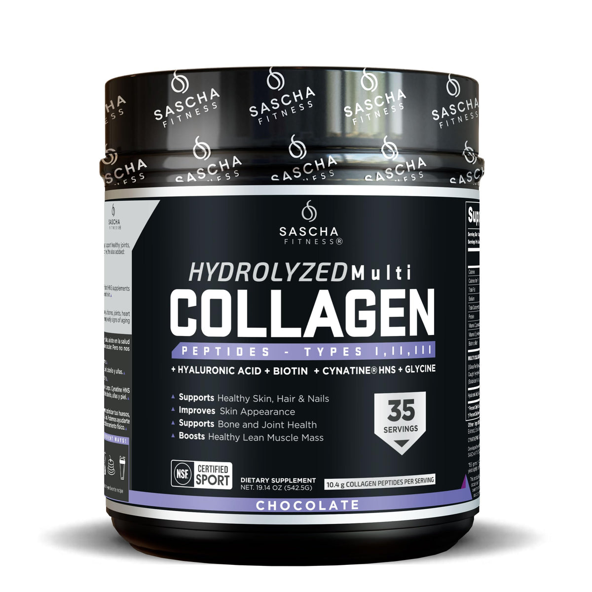 SASCHA FITNESS Collagen Powder 490g front view with natural cocoa