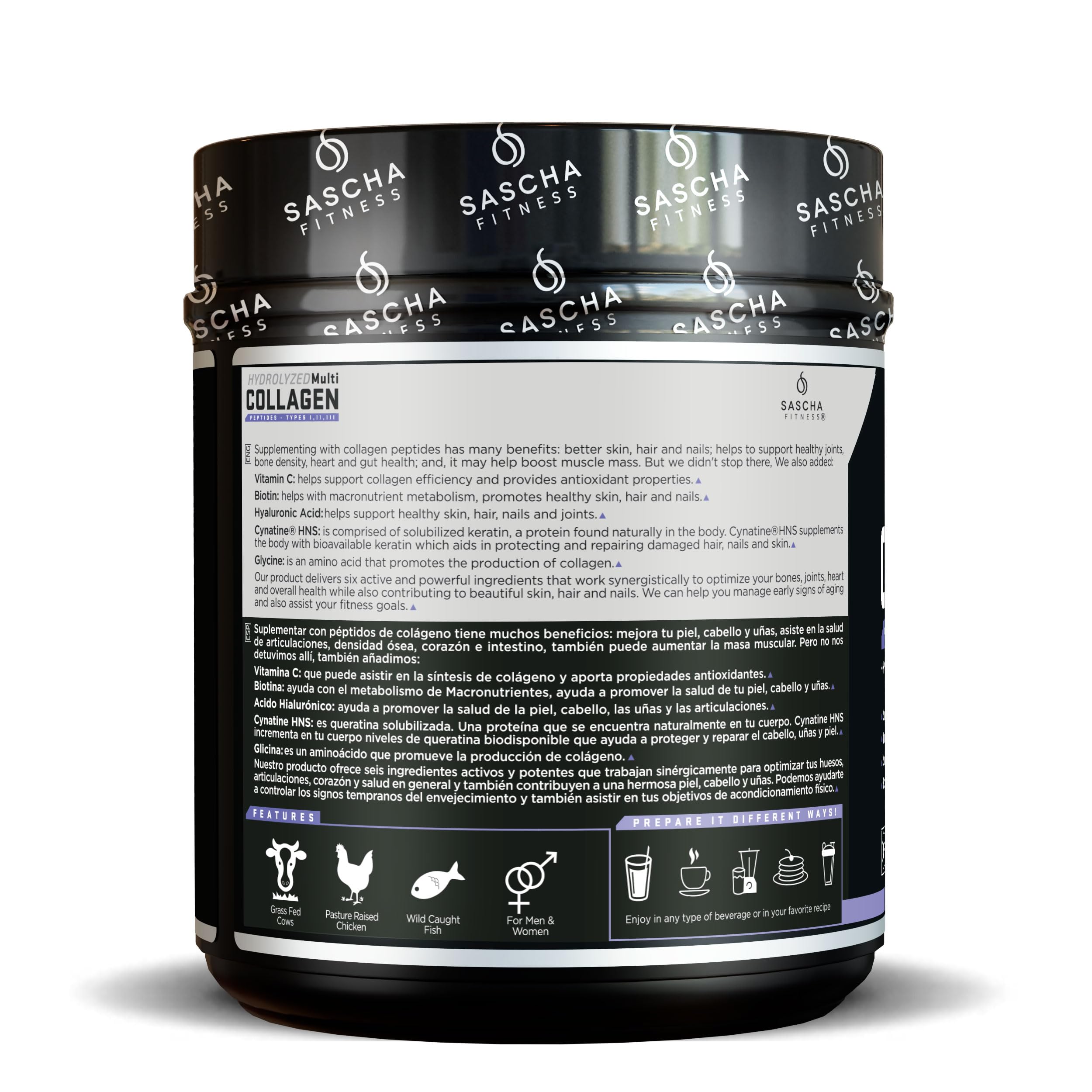 SASCHA FITNESS Collagen Powder 490g packaging with ingredients list