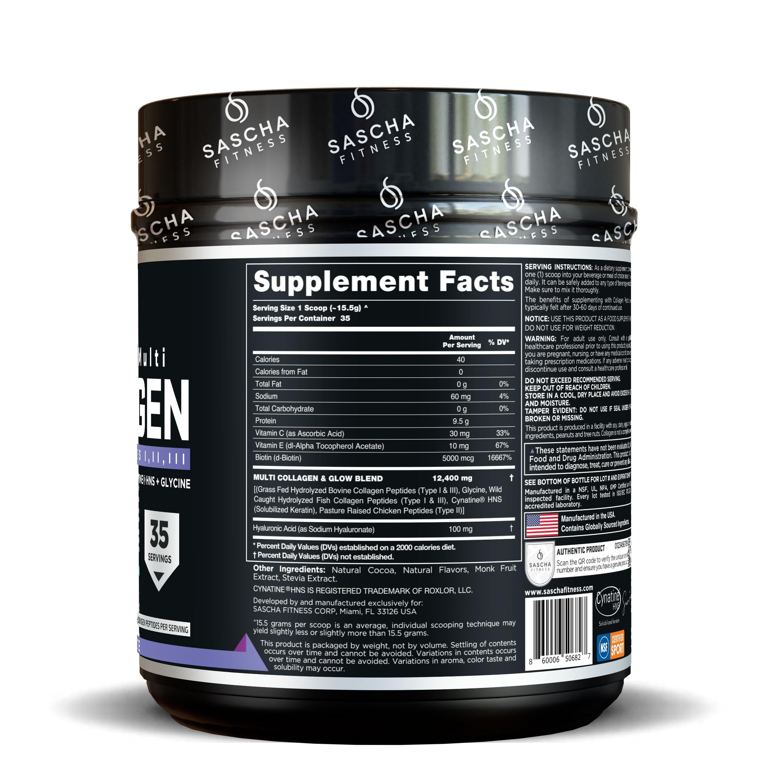 SASCHA FITNESS Collagen Powder 490g scoop showing powder texture