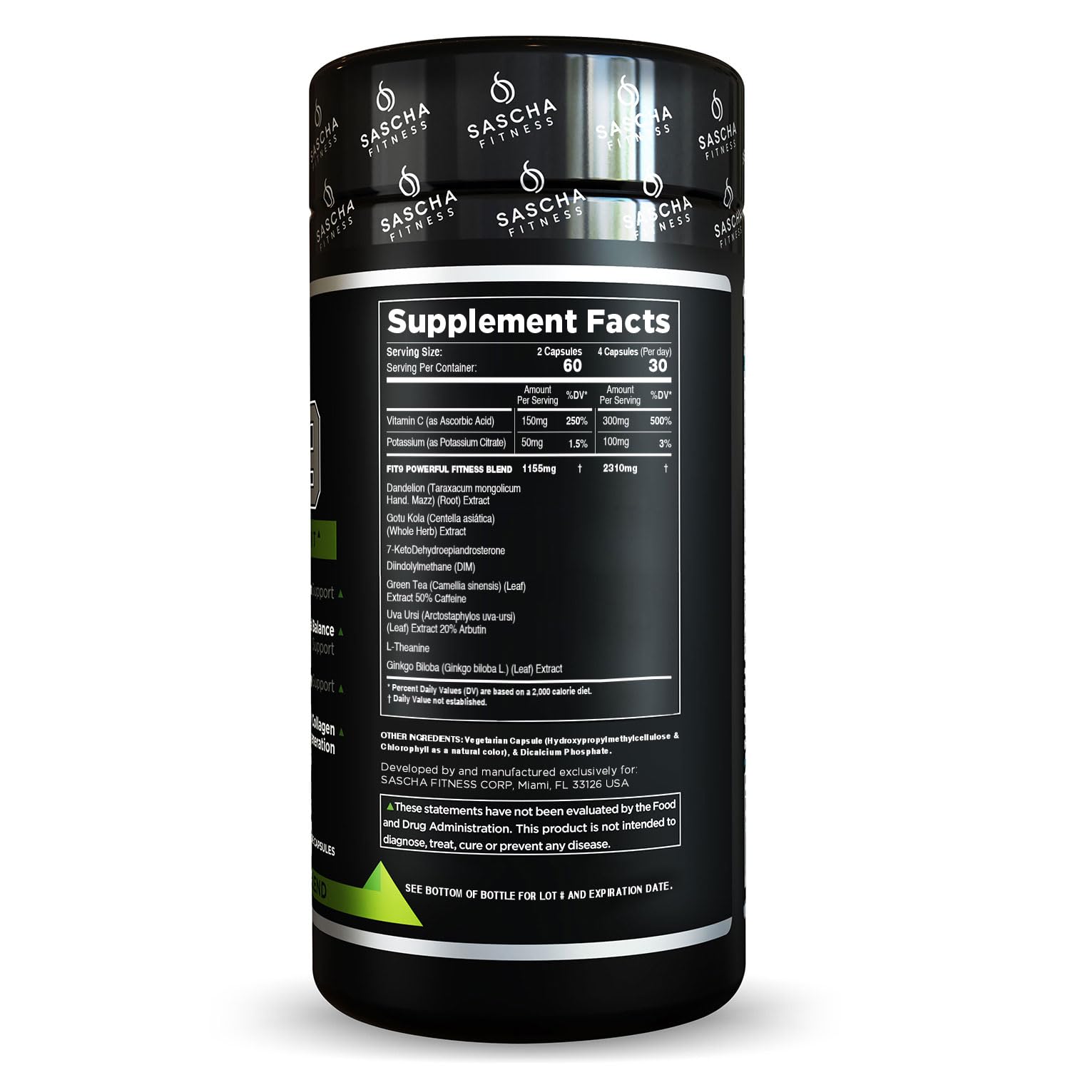 SASCHA FITNESS Fat Burner Supplement side view showing ingredient list