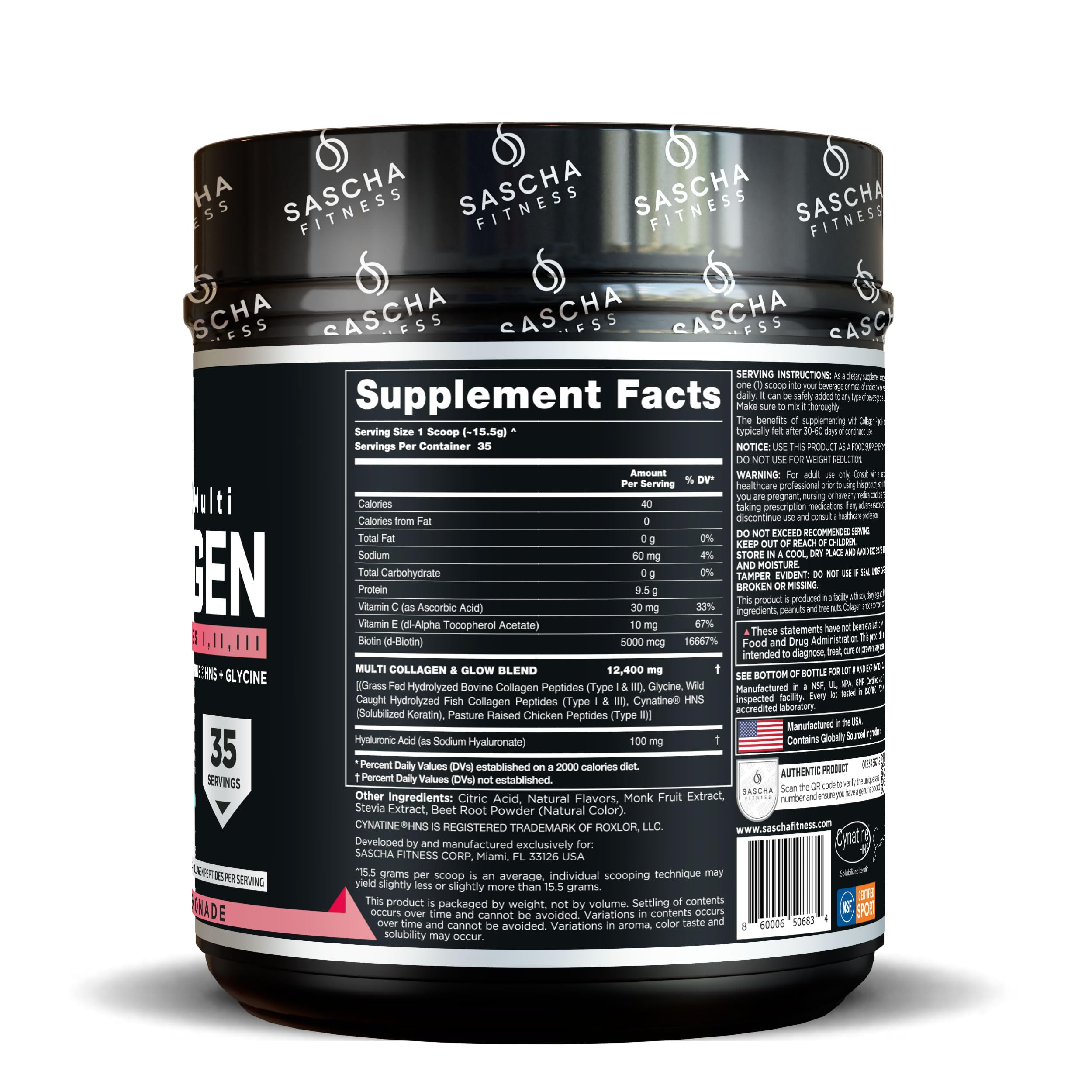 SASCHA FITNESS Multi Collagen Powder 490g scoop and powder