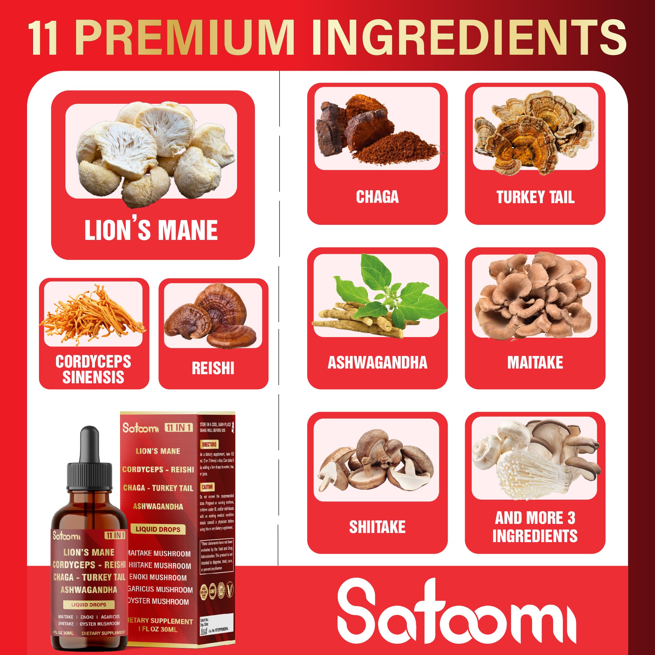 Satoomi 11in1 Mushroom Complex Liquid Supplement 30ml side view