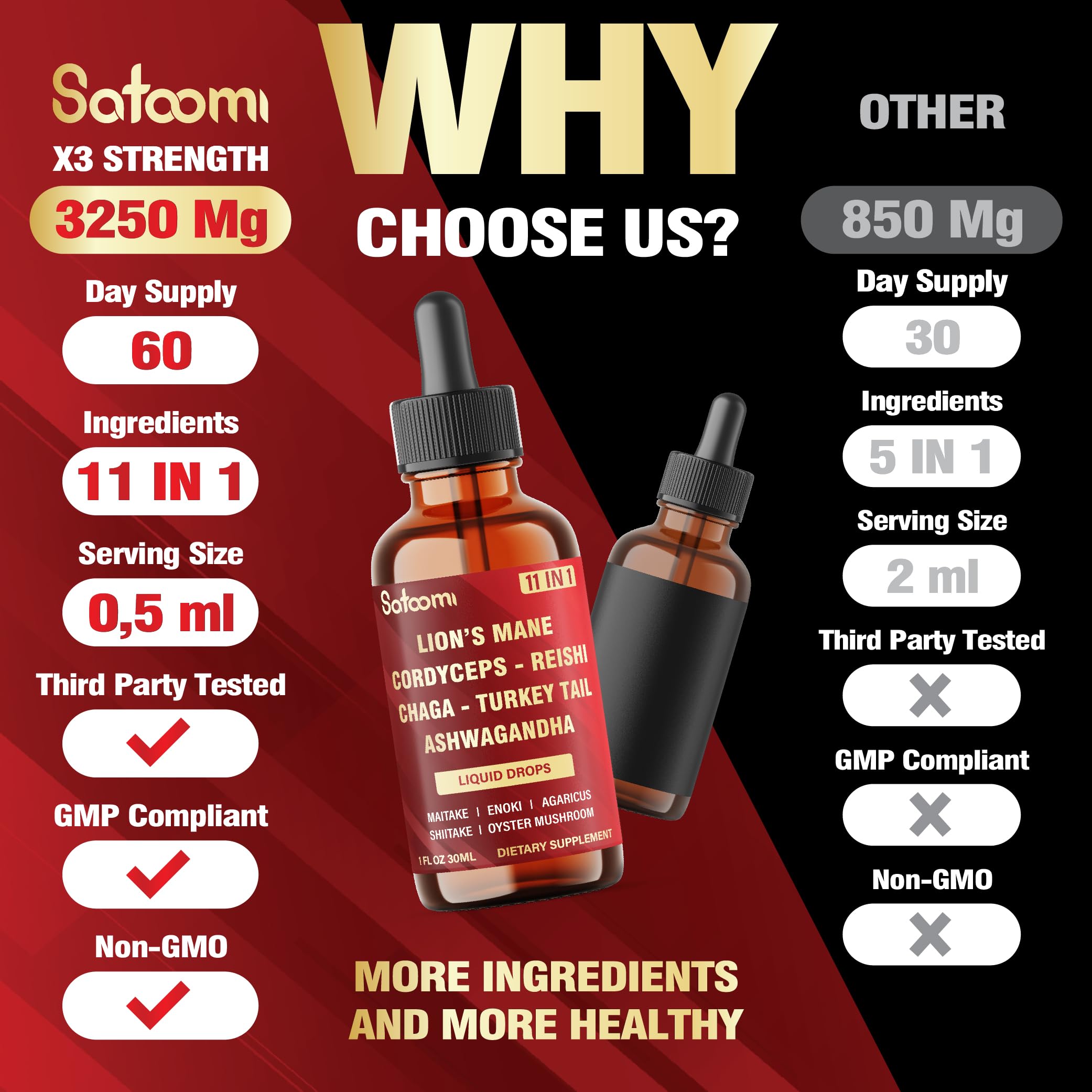 Satoomi 11in1 Mushroom Complex Liquid Supplement 30ml with measuring dropper