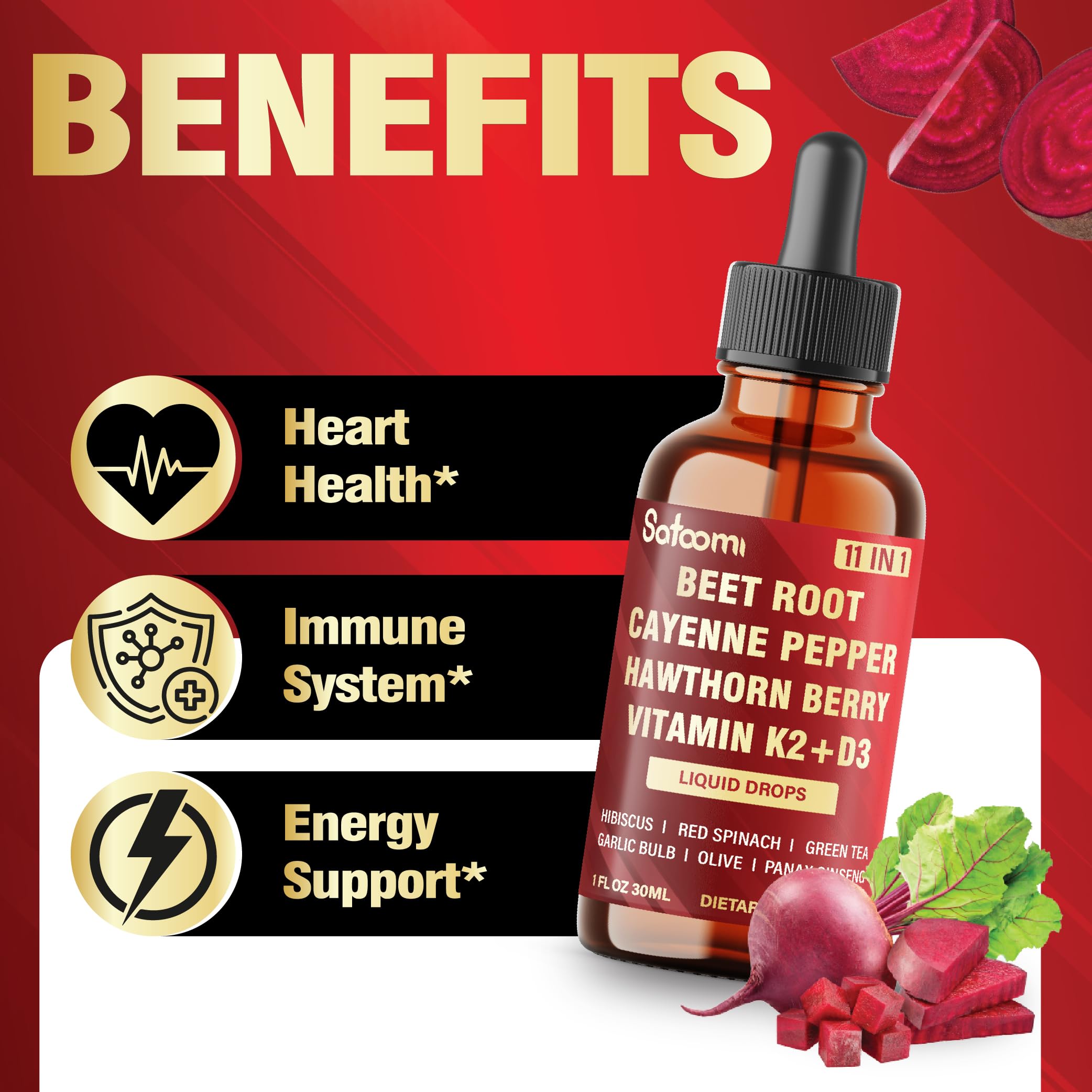 Satoomi Beet Root Liquid Drops 30ml on a wooden table