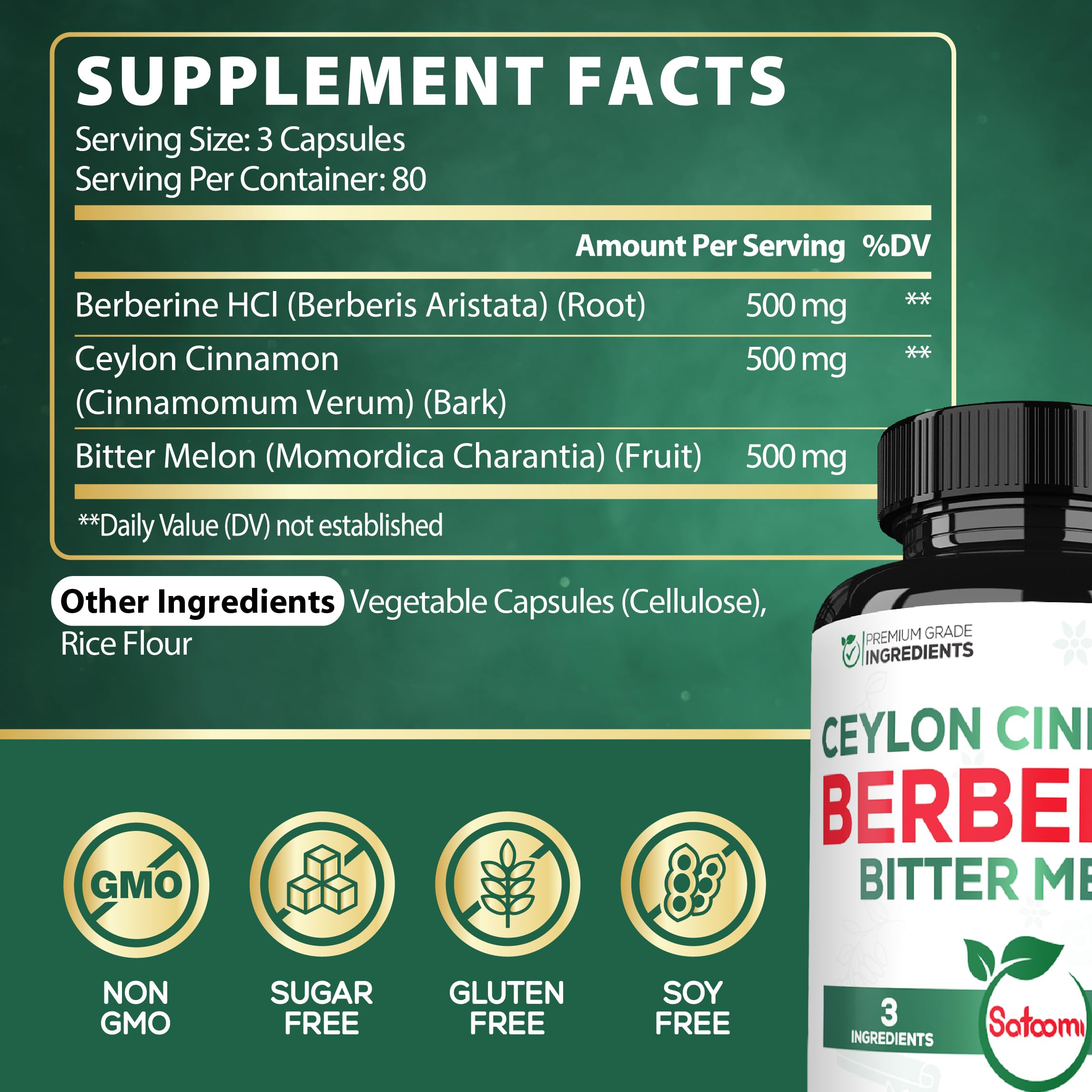 Satoomi Berberine Capsules side view showing ingredients list