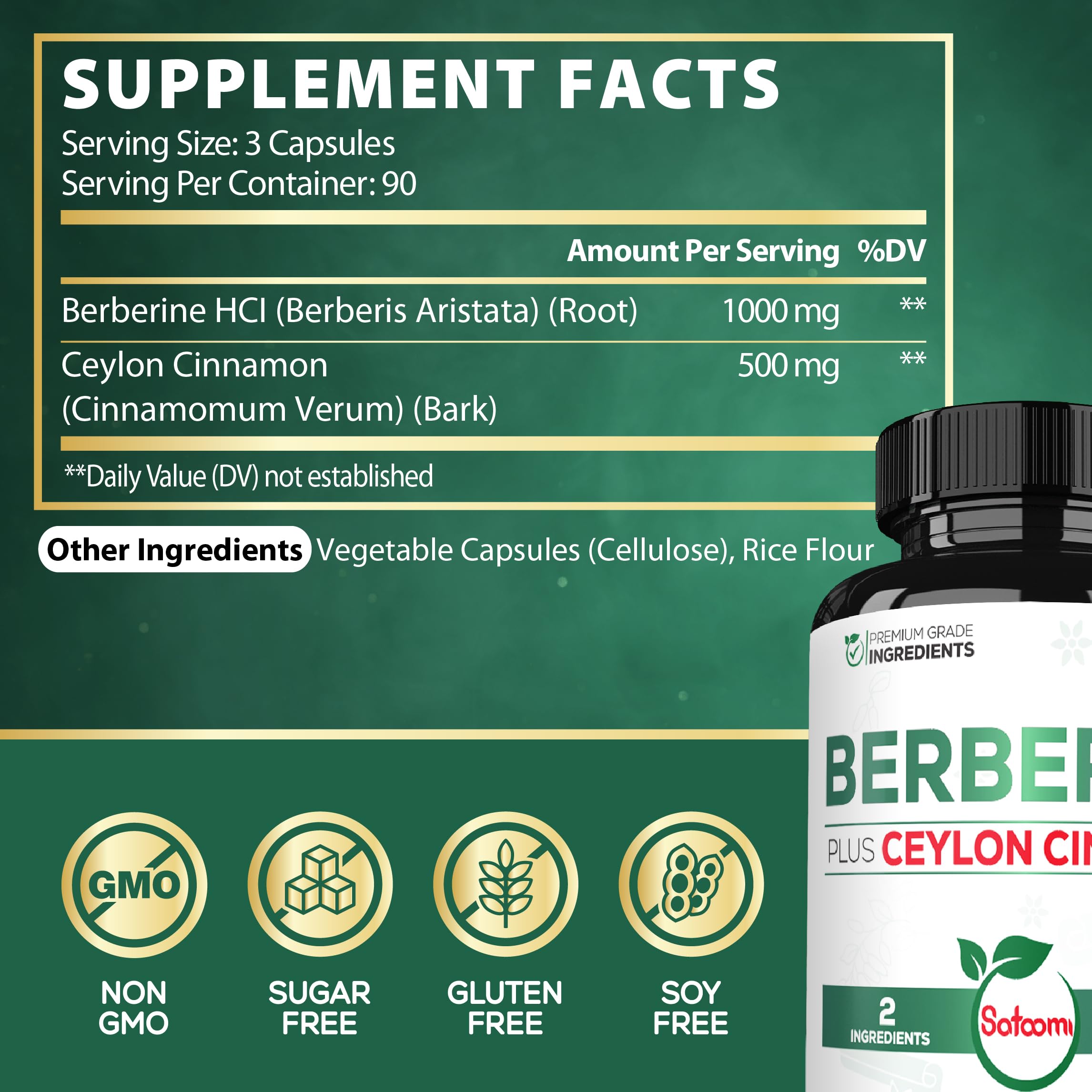 Satoomi Berberine Complex Plus Ceylon Extract bottle side view