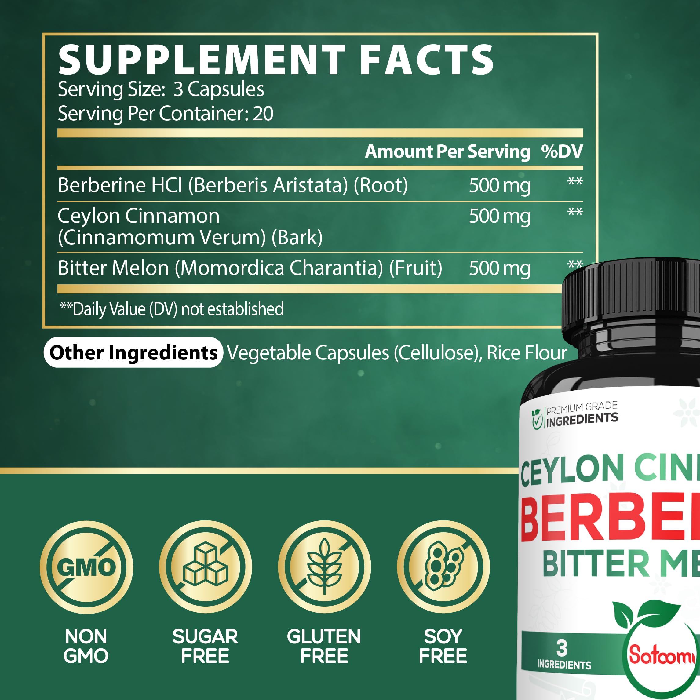 Satoomi Berberine HCl Supplement bottle side view