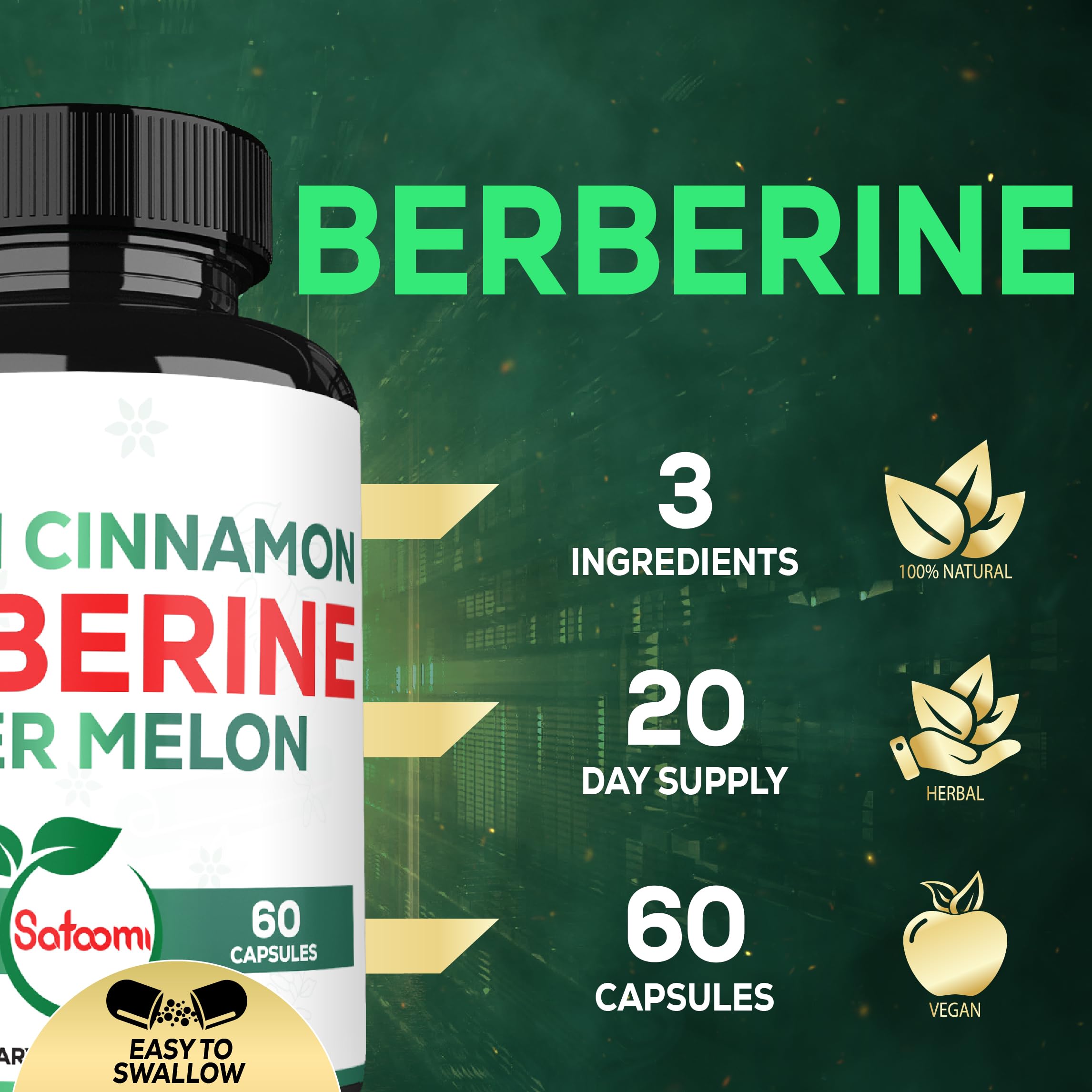 Satoomi Berberine HCl Supplement capsules on a table