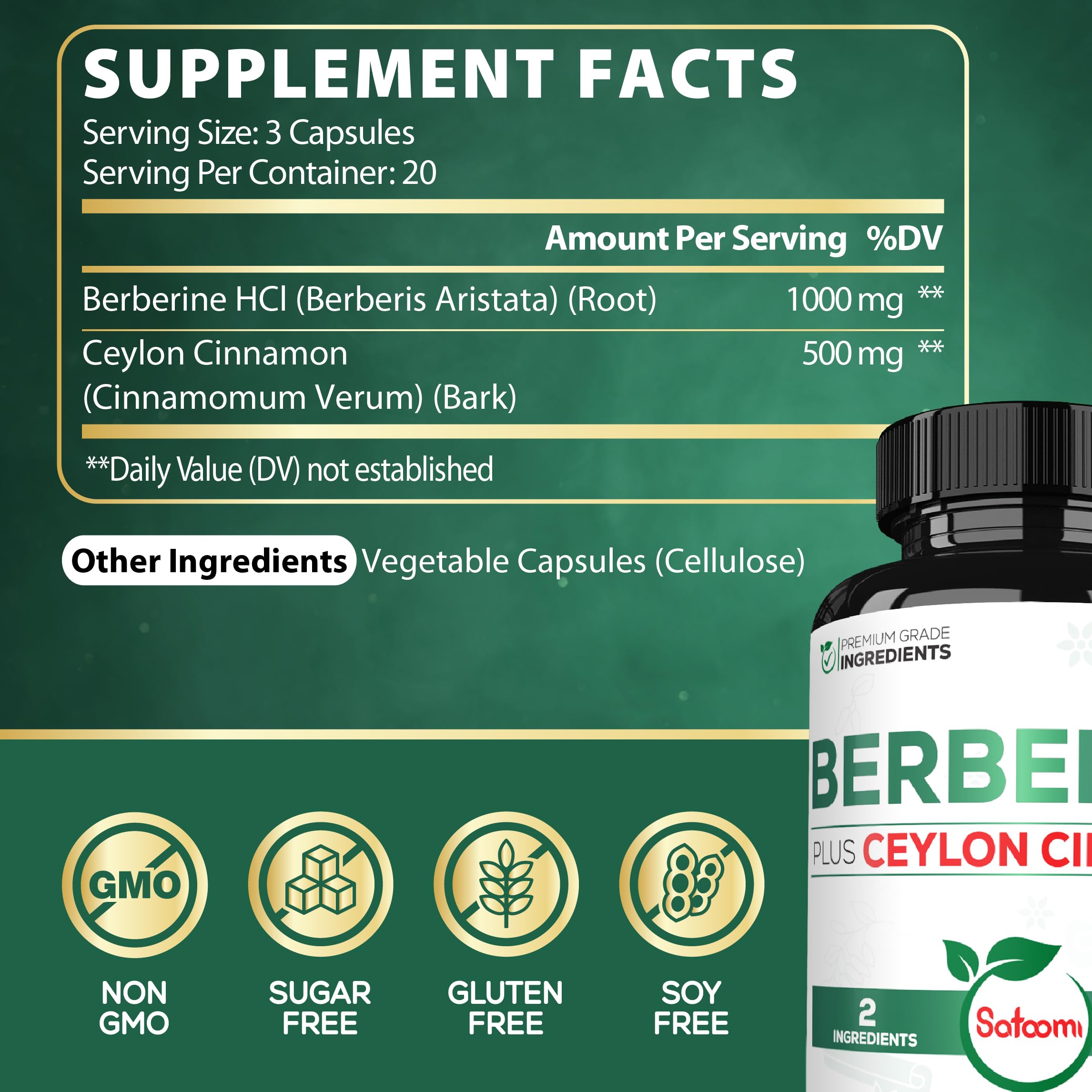 Satoomi Berberine Supplement 1500mg bottle side view