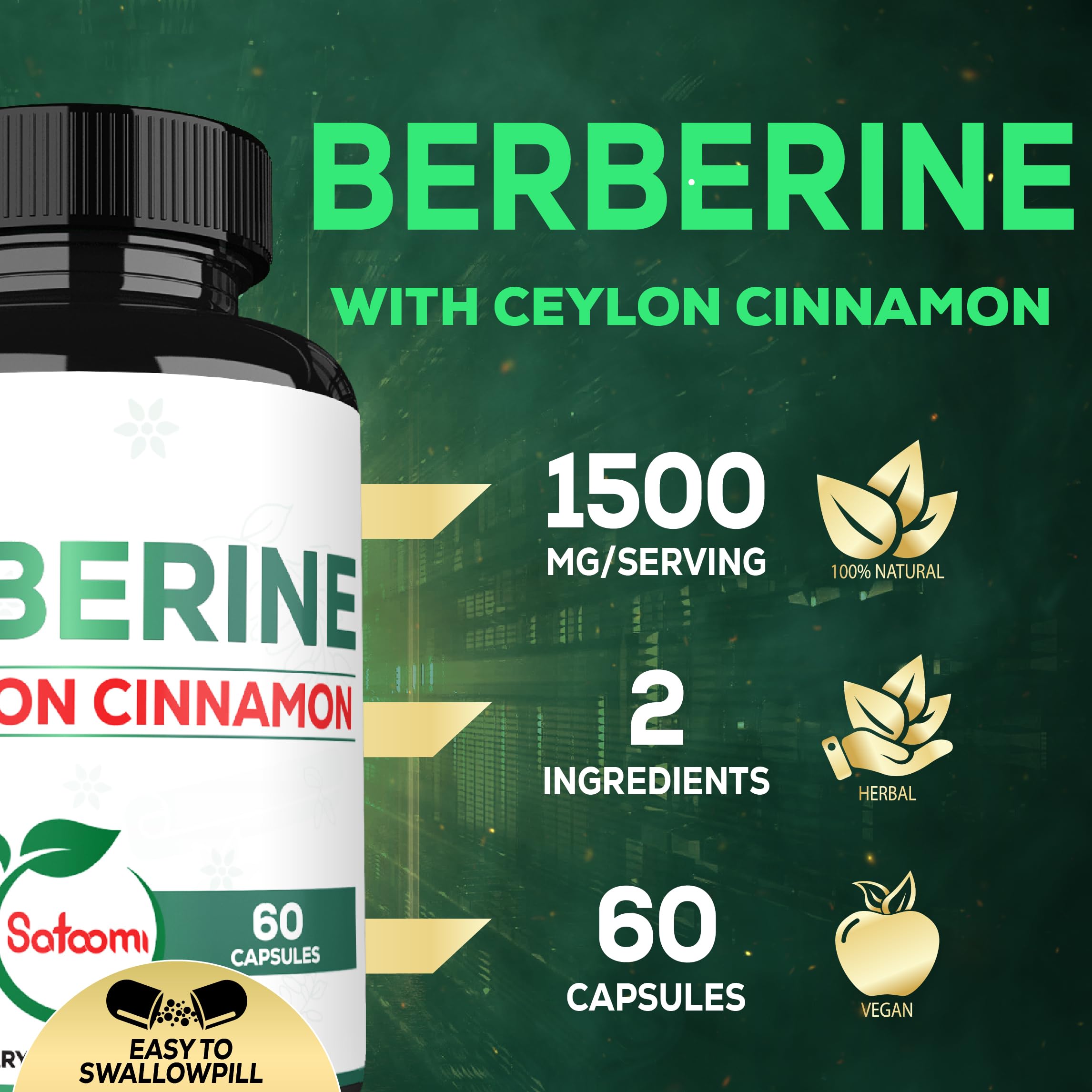 Satoomi Berberine Supplement 1500mg capsules close-up