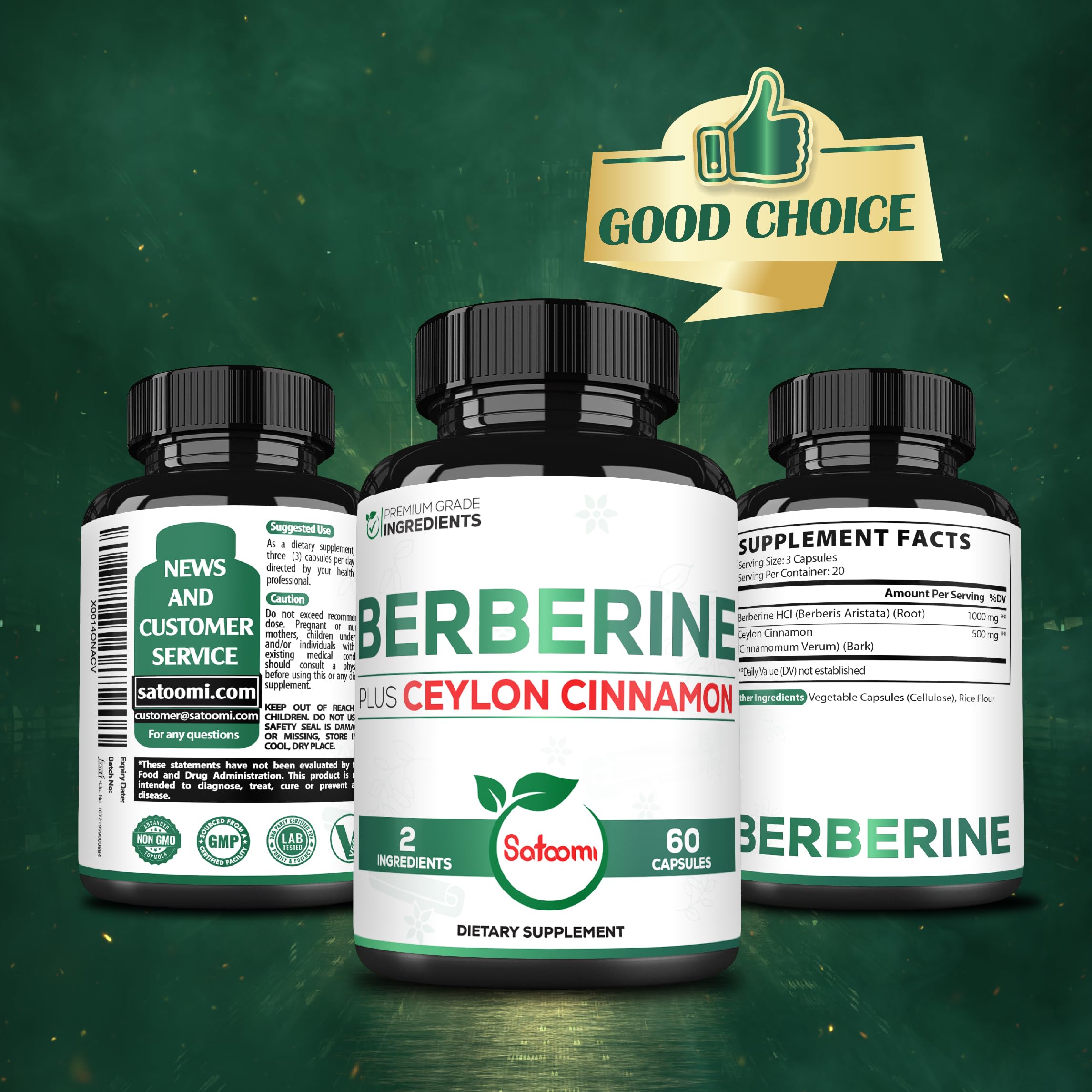 Satoomi Berberine Supplement 1500mg capsules on wooden table