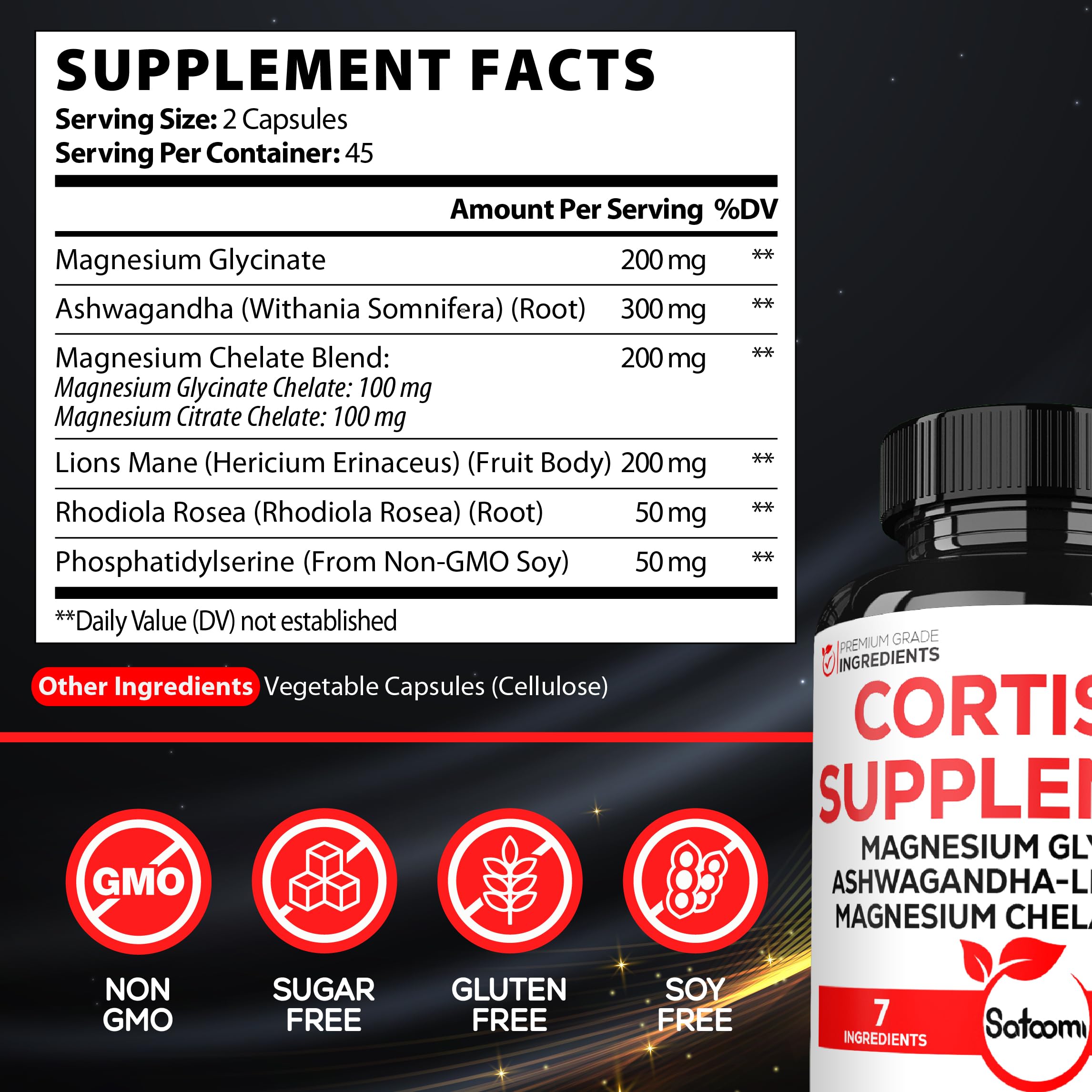 Satoomi Cortisol Supplement bottle with 90 capsules