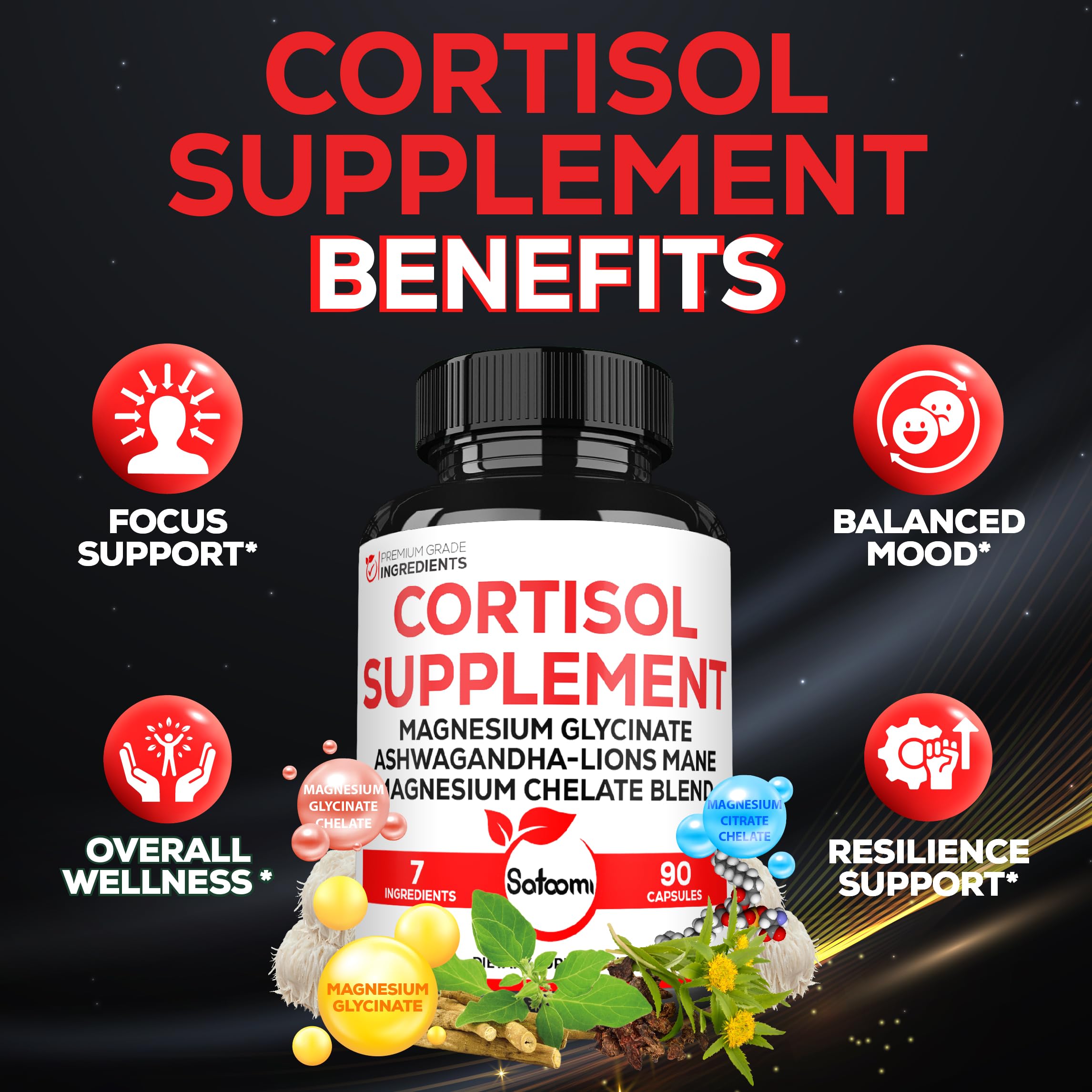 Satoomi Cortisol Supplement bottle with a measuring spoon