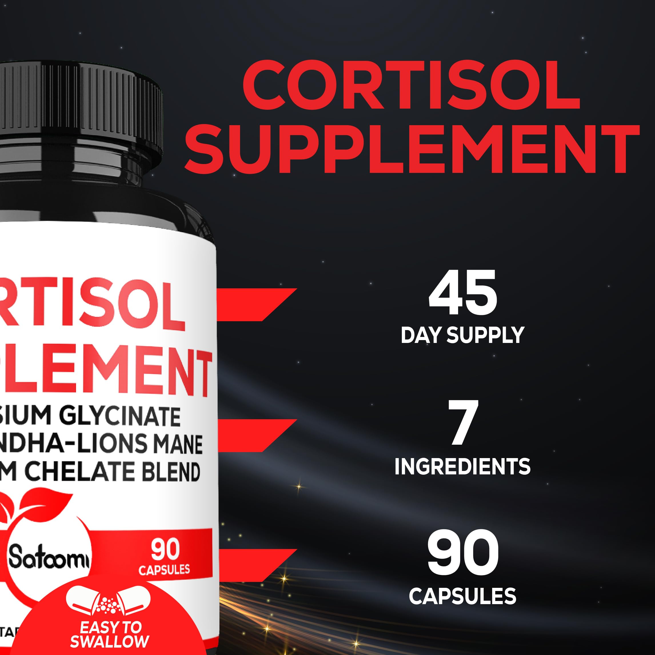 Satoomi Cortisol Supplement capsules on a wooden table