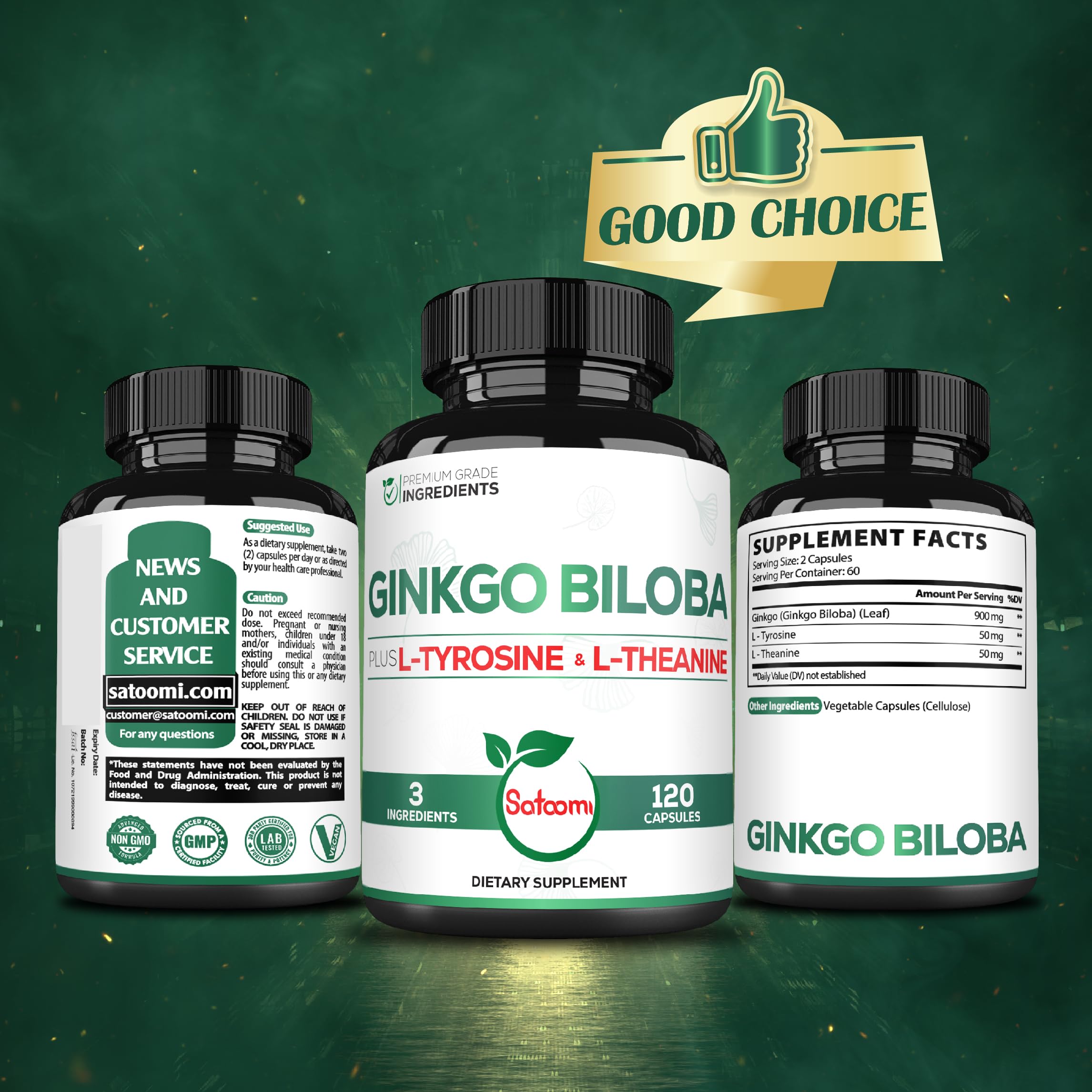 Satoomi Ginkgo Biloba Complex bottle with a glass of water