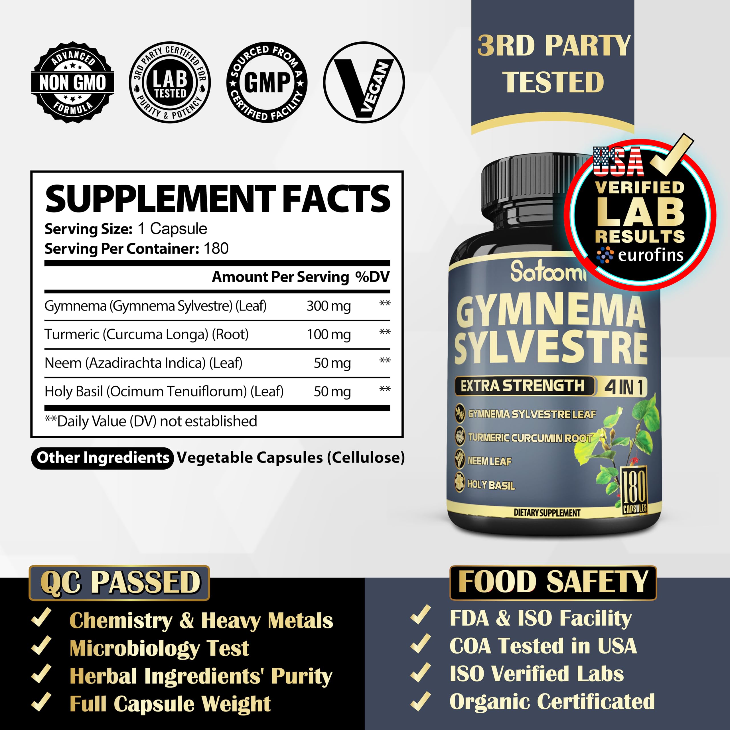 Satoomi Gymnema Sylvestre Extract Capsules side view showing capsule size