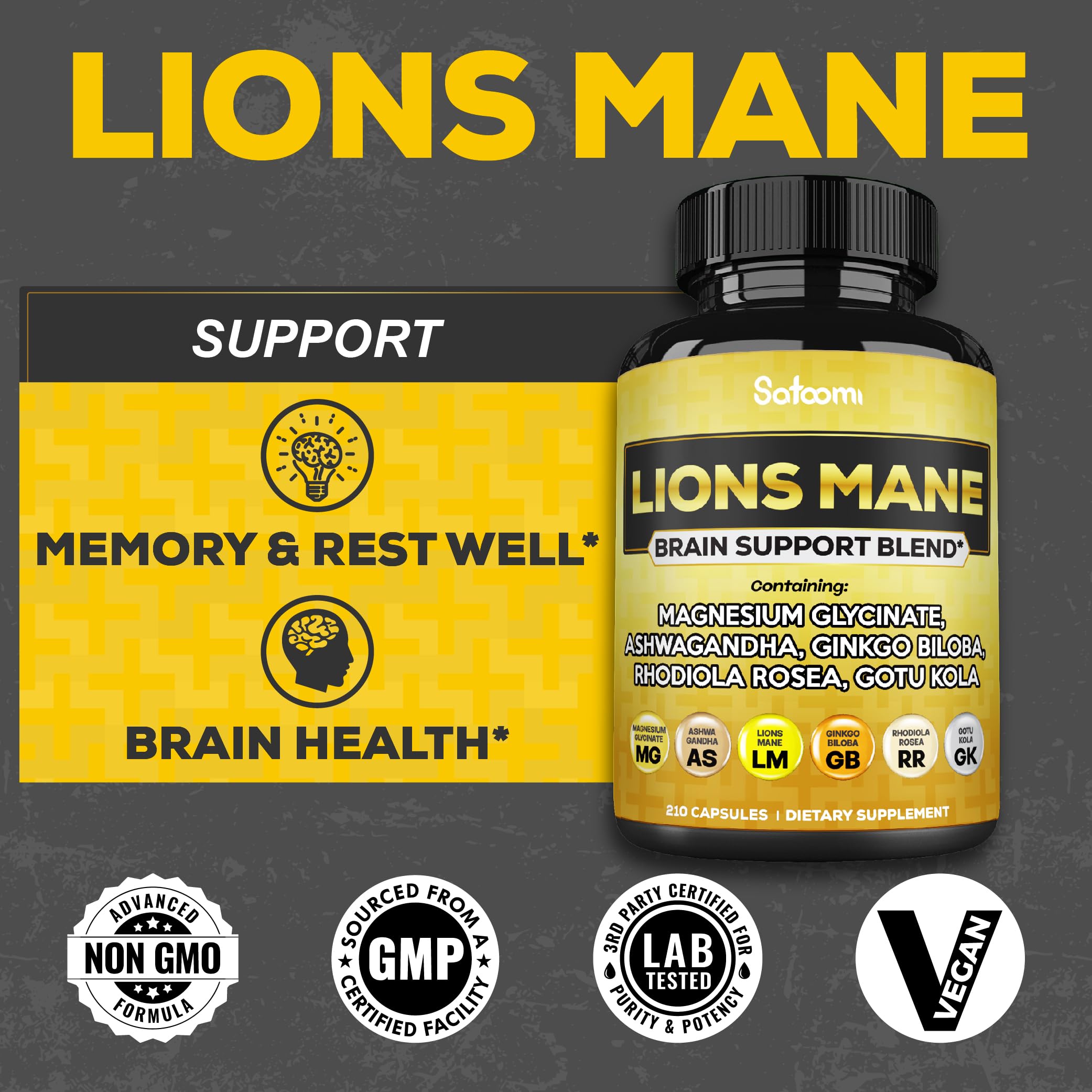 Satoomi Lions Mane Mushroom Capsules bottle side view