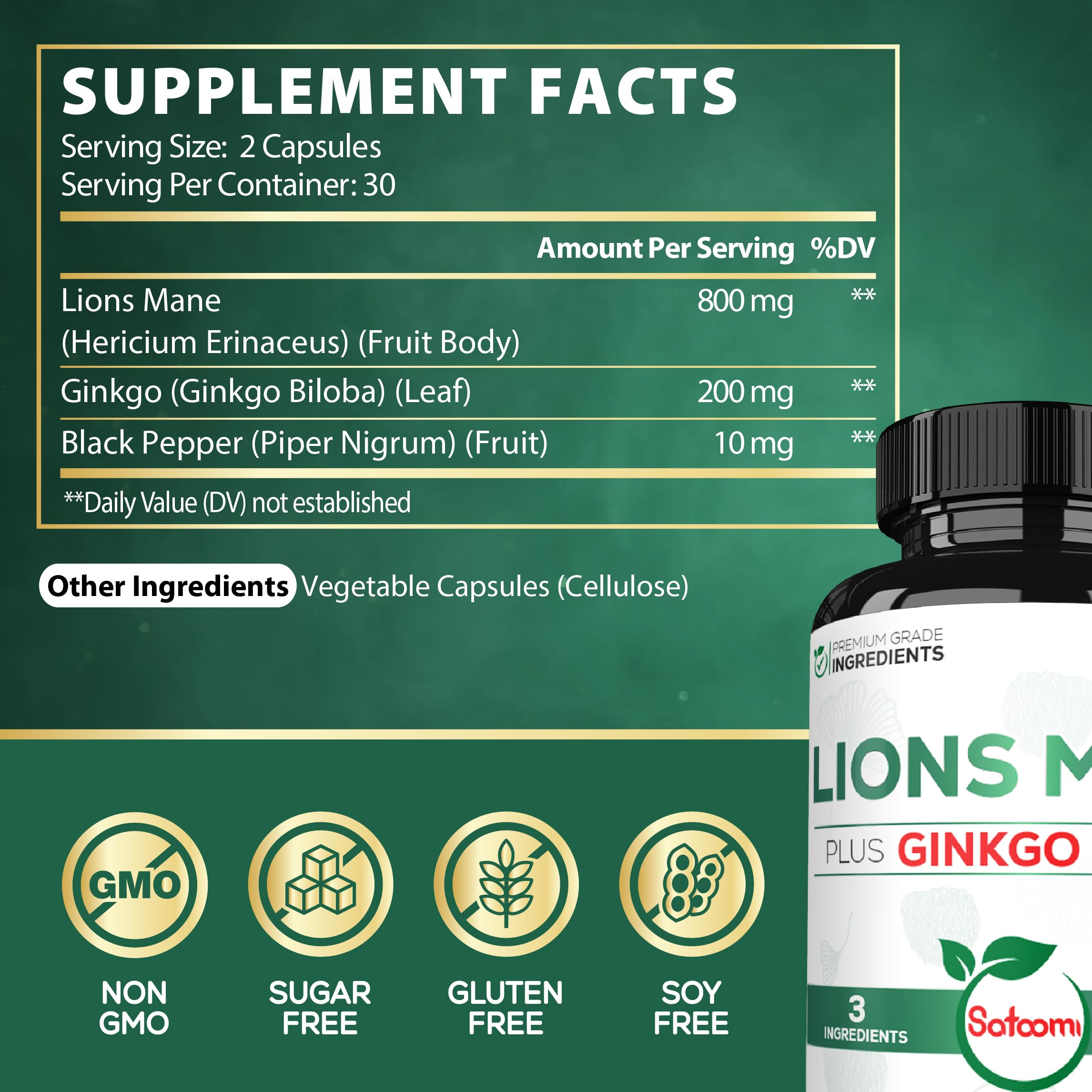 Satoomi Lions Mane Mushroom Complex bottle with 60 capsules