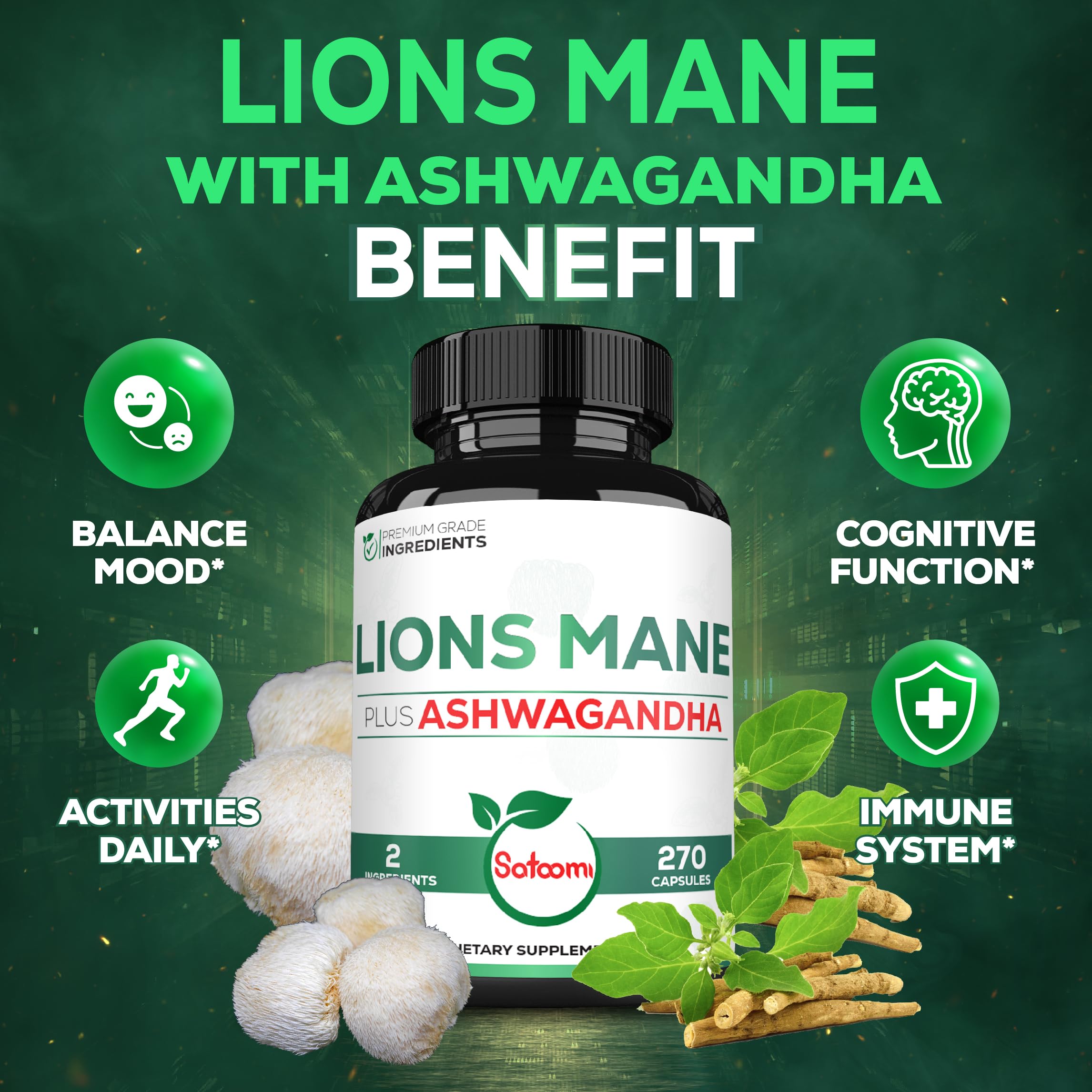 Satoomi Lions Mane Mushroom Complex capsules close-up