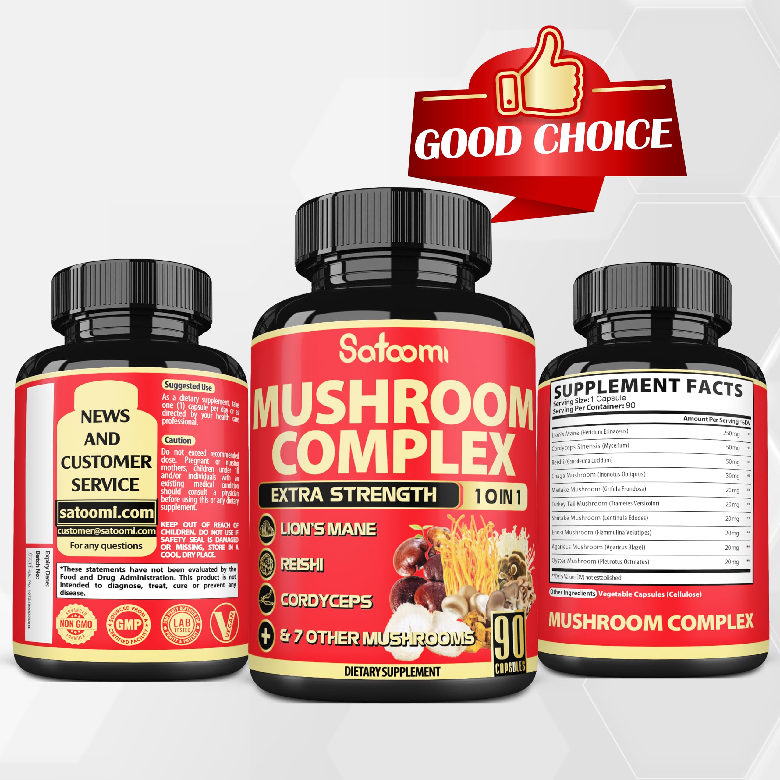 Satoomi Mushroom Supplement bottle with vegan-friendly label