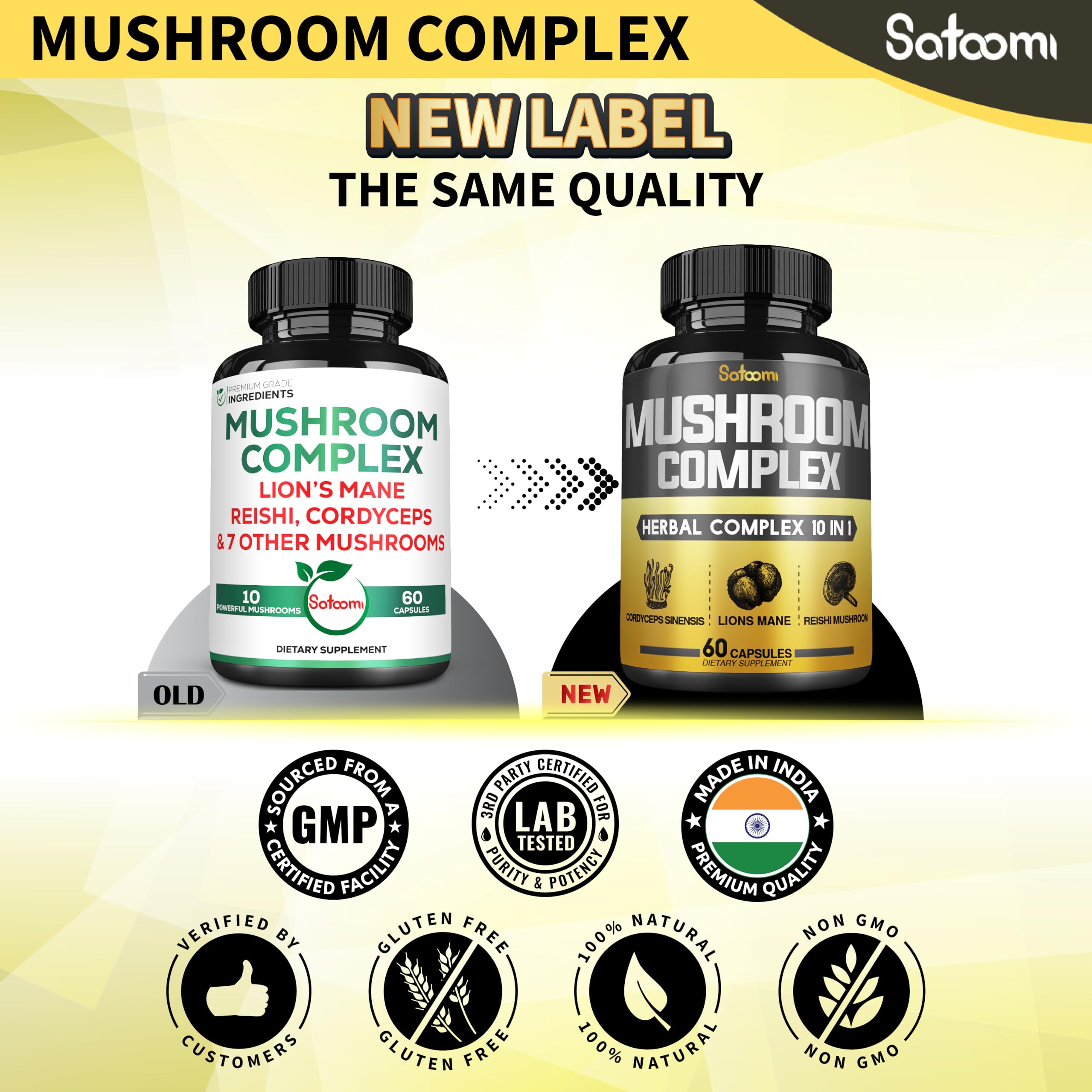 Satoomi Mushroom Supplement capsules on a table