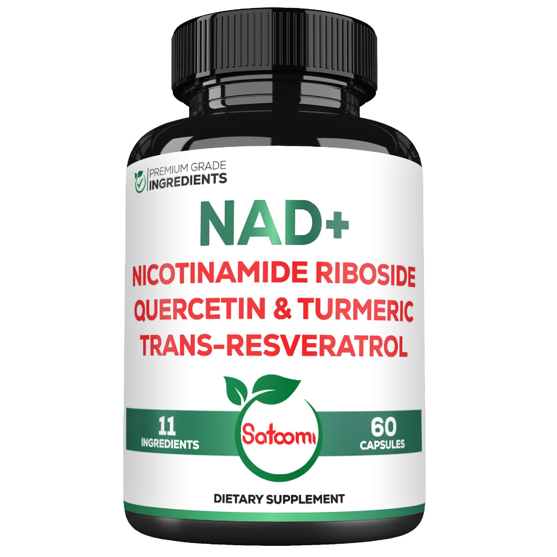 Satoomi NAD Nicotinamide Riboside Resveratrol 900mg supplement bottle front view