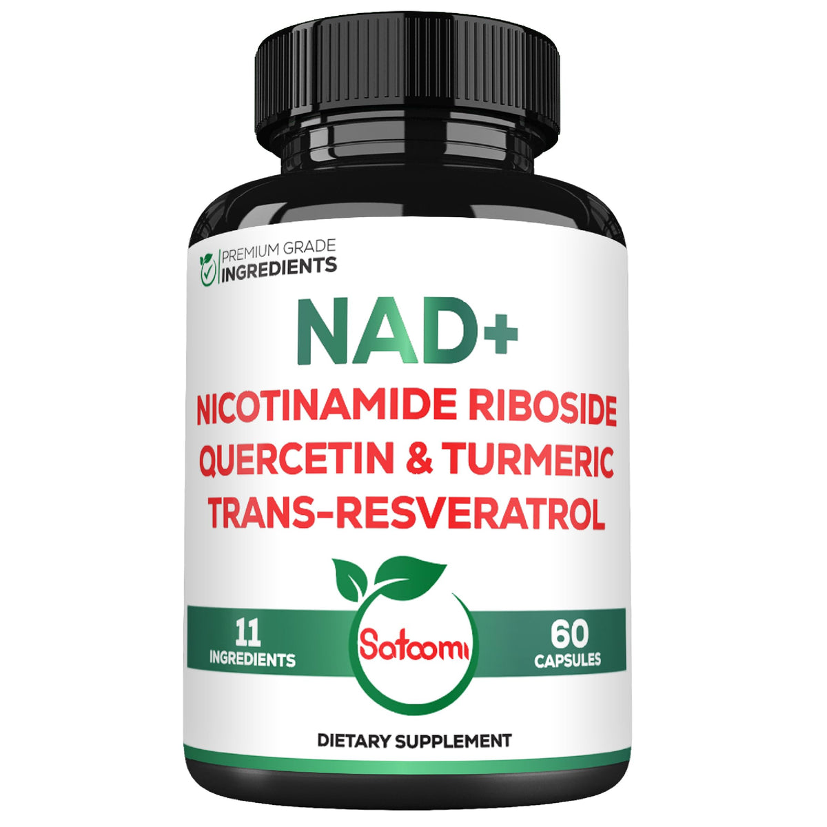 Satoomi NAD Nicotinamide Riboside Resveratrol 900mg supplement bottle front view
