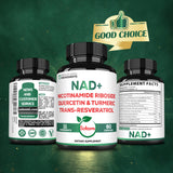 Satoomi NAD Nicotinamide Riboside Resveratrol 900mg supplement bottle with a measuring spoon