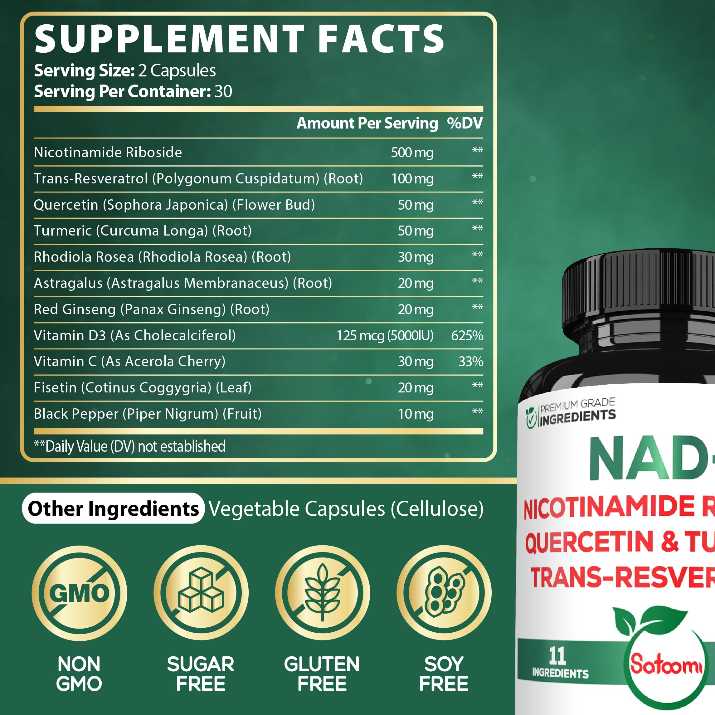 Satoomi NAD Nicotinamide Riboside Resveratrol 900mg supplement capsules close-up