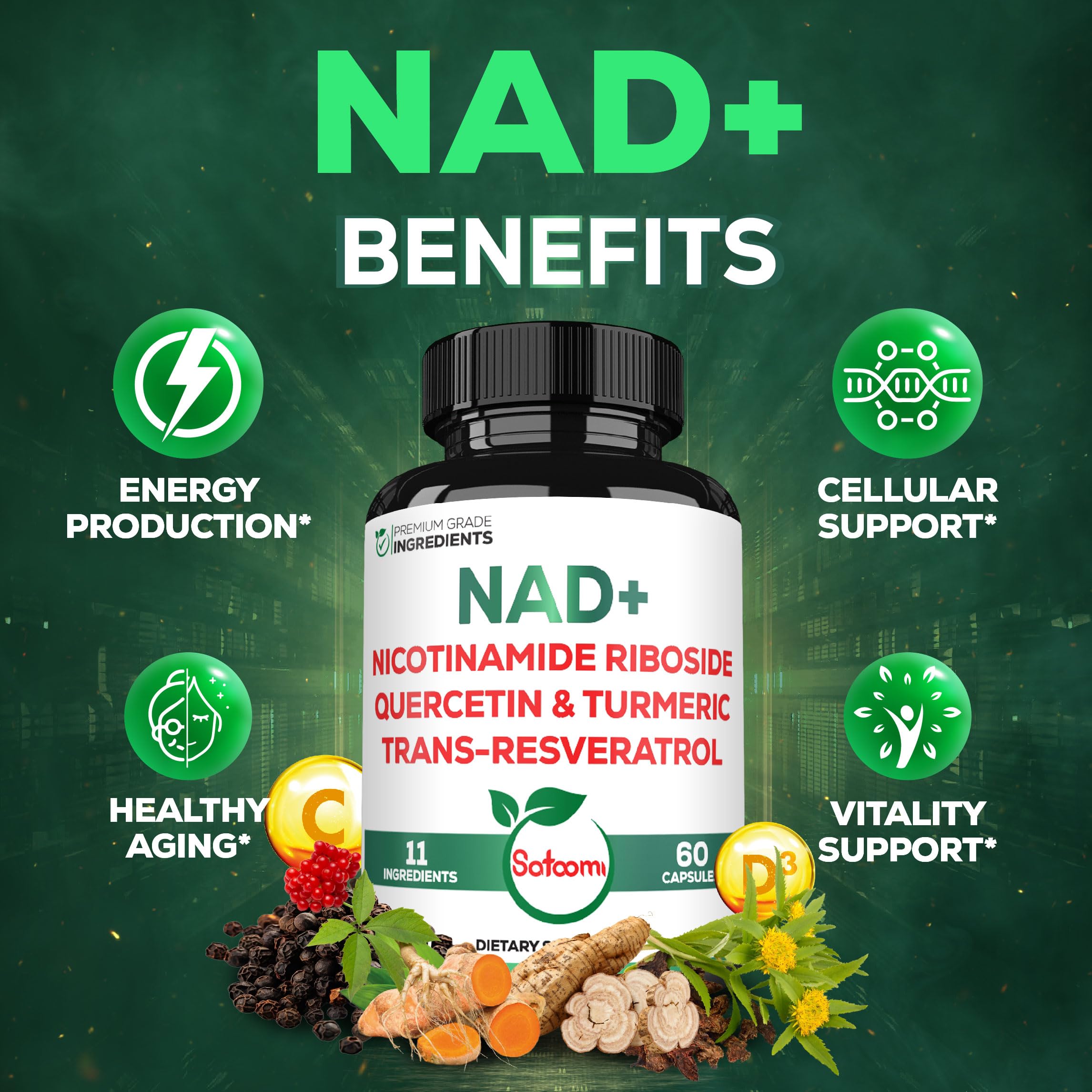 Satoomi NAD Nicotinamide Riboside Resveratrol 900mg supplement capsules on a table