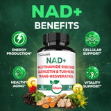 Satoomi NAD Nicotinamide Riboside Resveratrol 900mg supplement capsules on a table