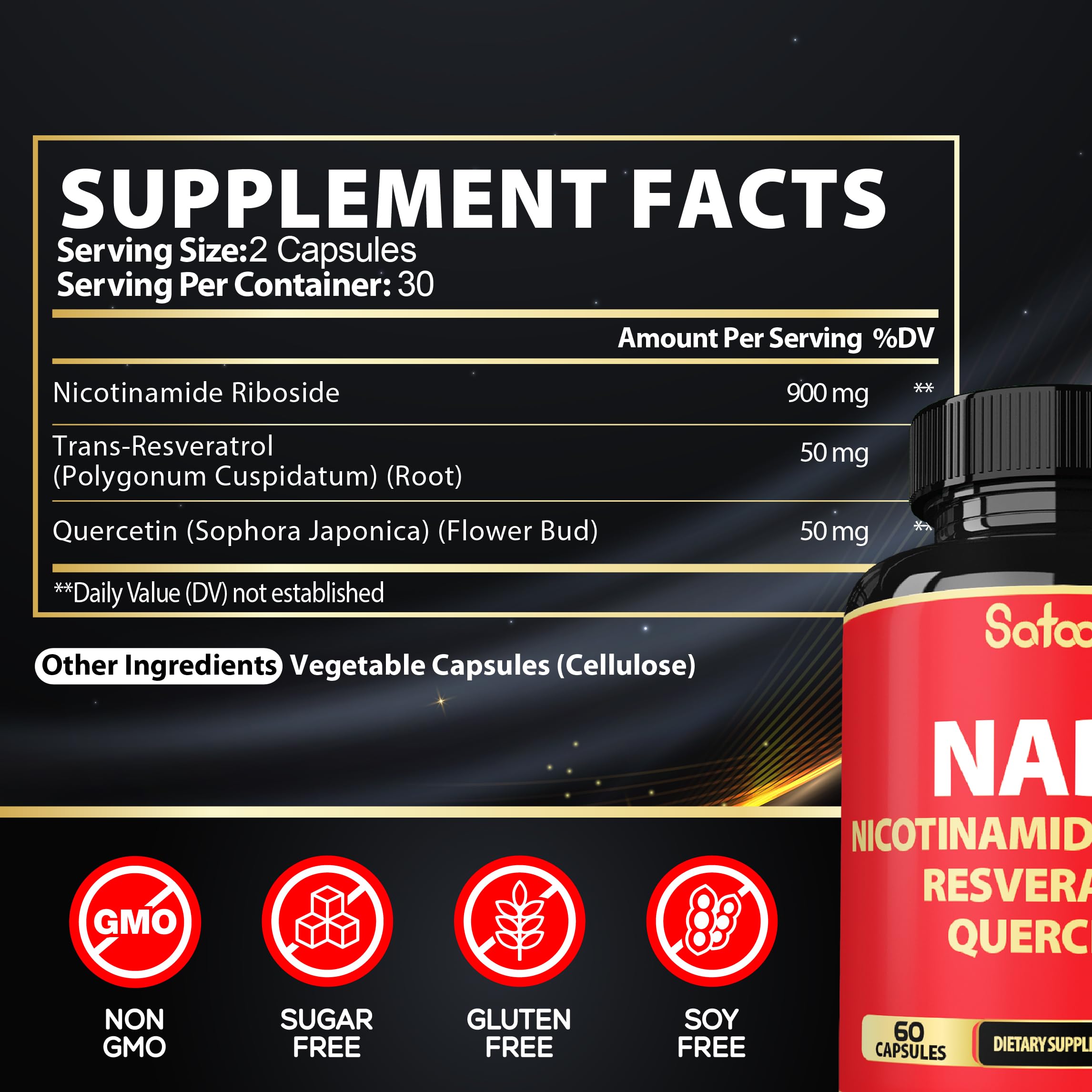 Satoomi NAD Nicotinamide Riboside Supplement capsules close-up