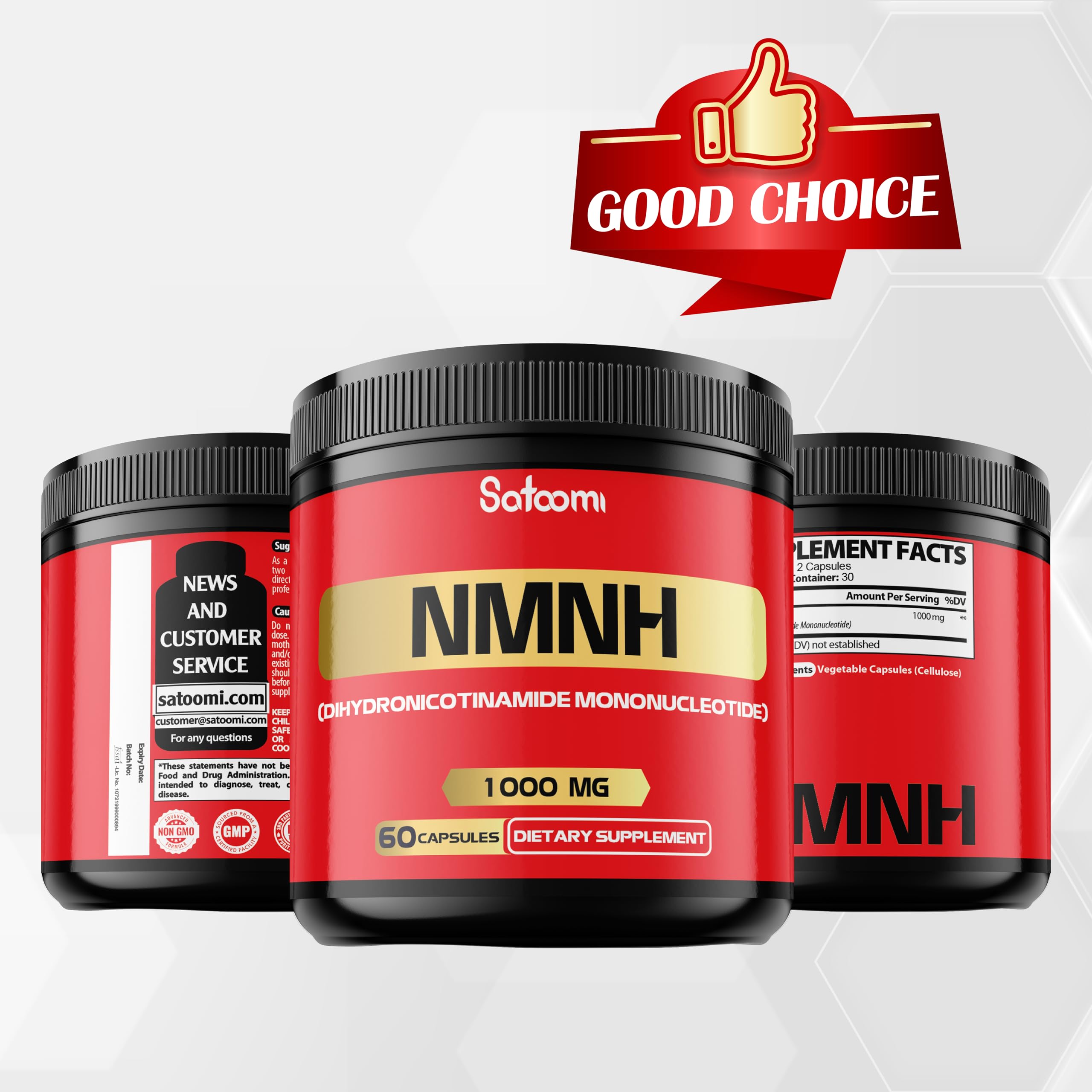 Satoomi NMN H Supplement displayed with other vitamins
