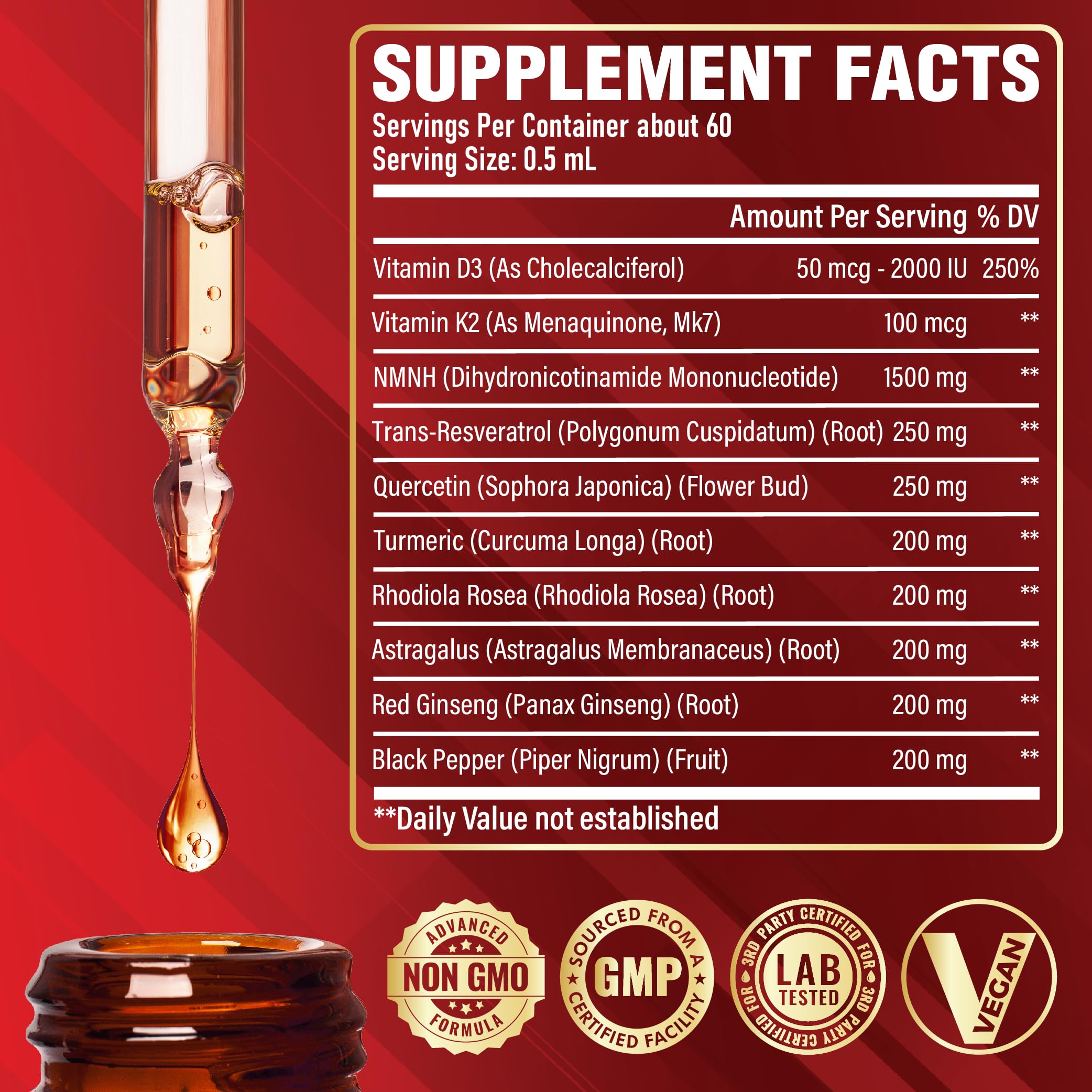 Satoomi NMNH Liquid Drops 30ml bottle with ingredients list