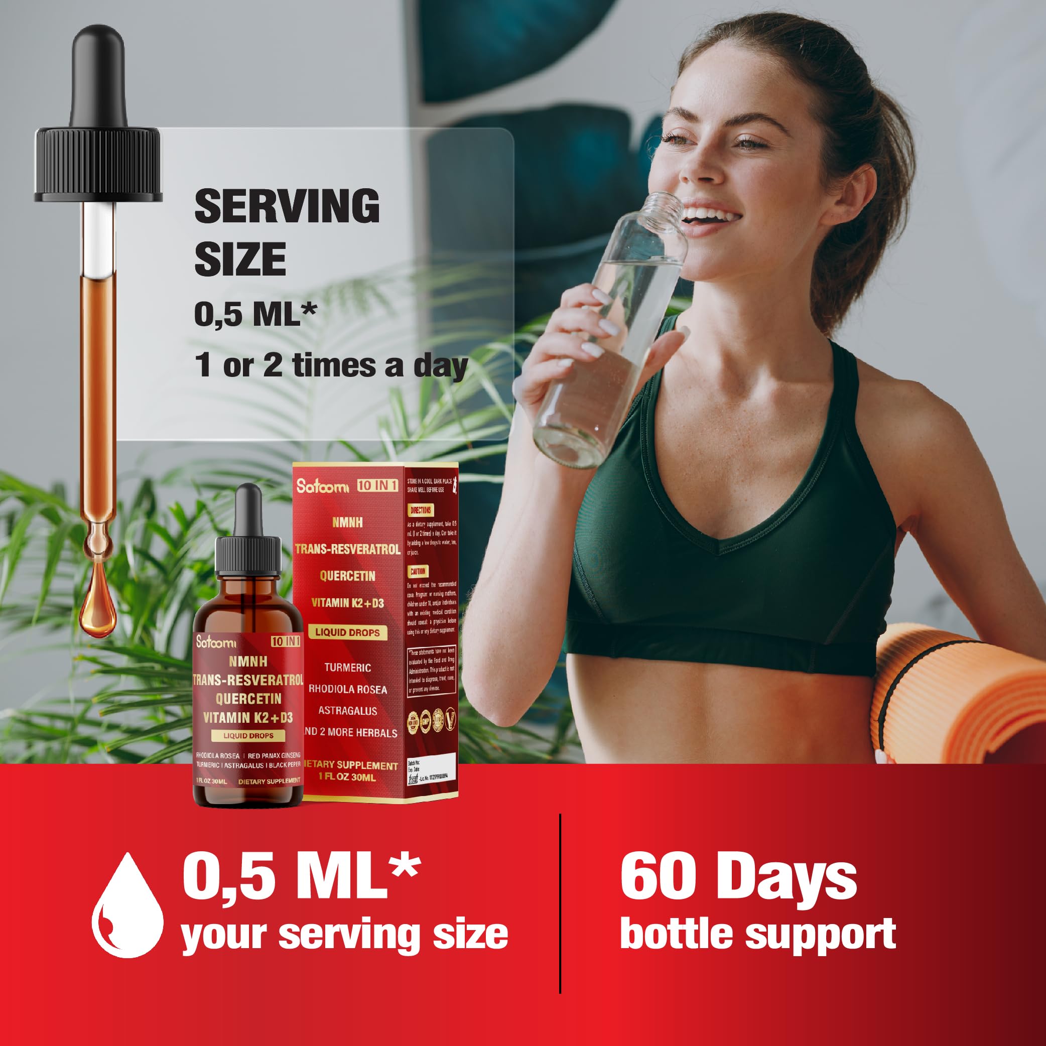 Satoomi NMNH Liquid Drops 30ml with lifestyle background