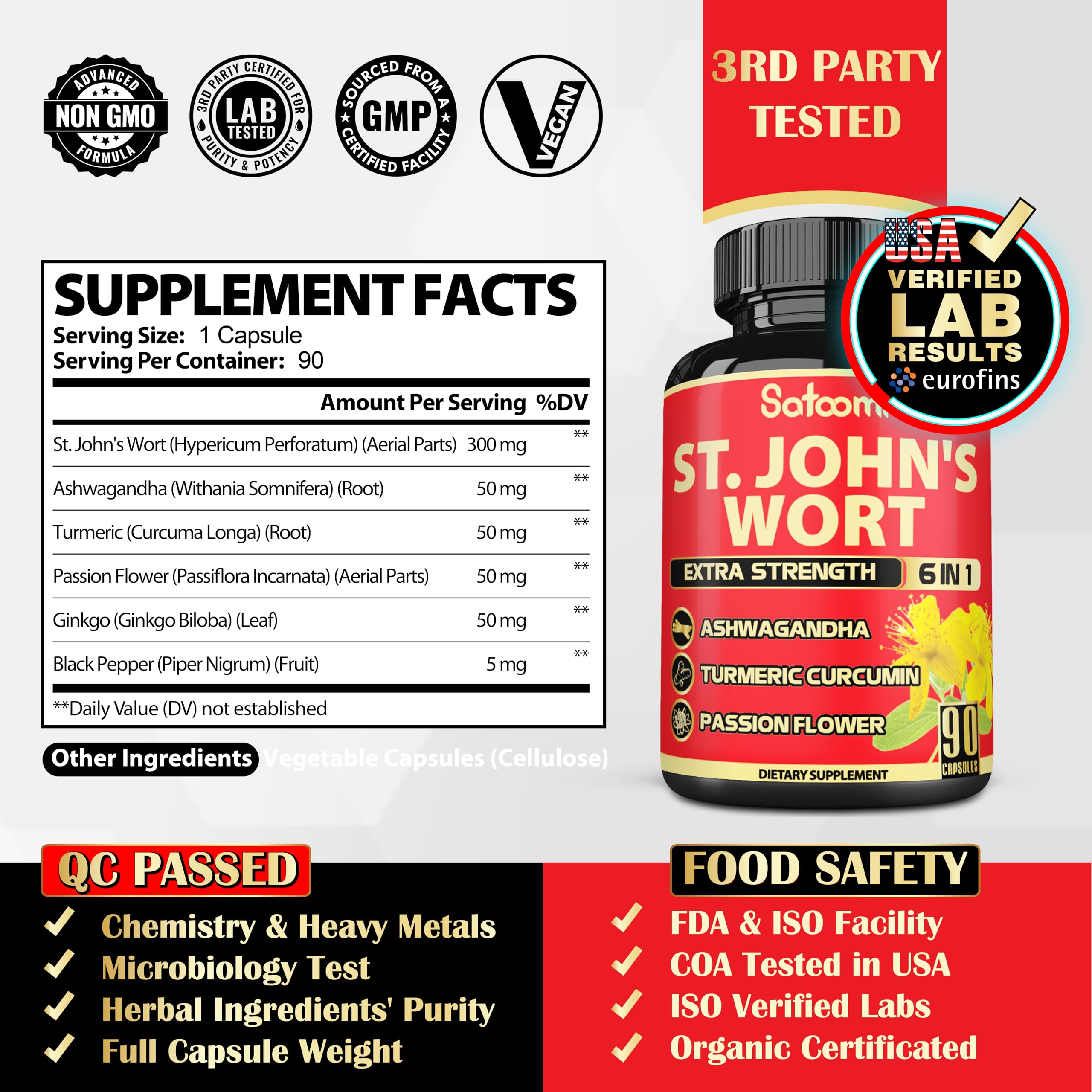 Satoomi St. John's Wort Herbal Supplement 90 capsules side view