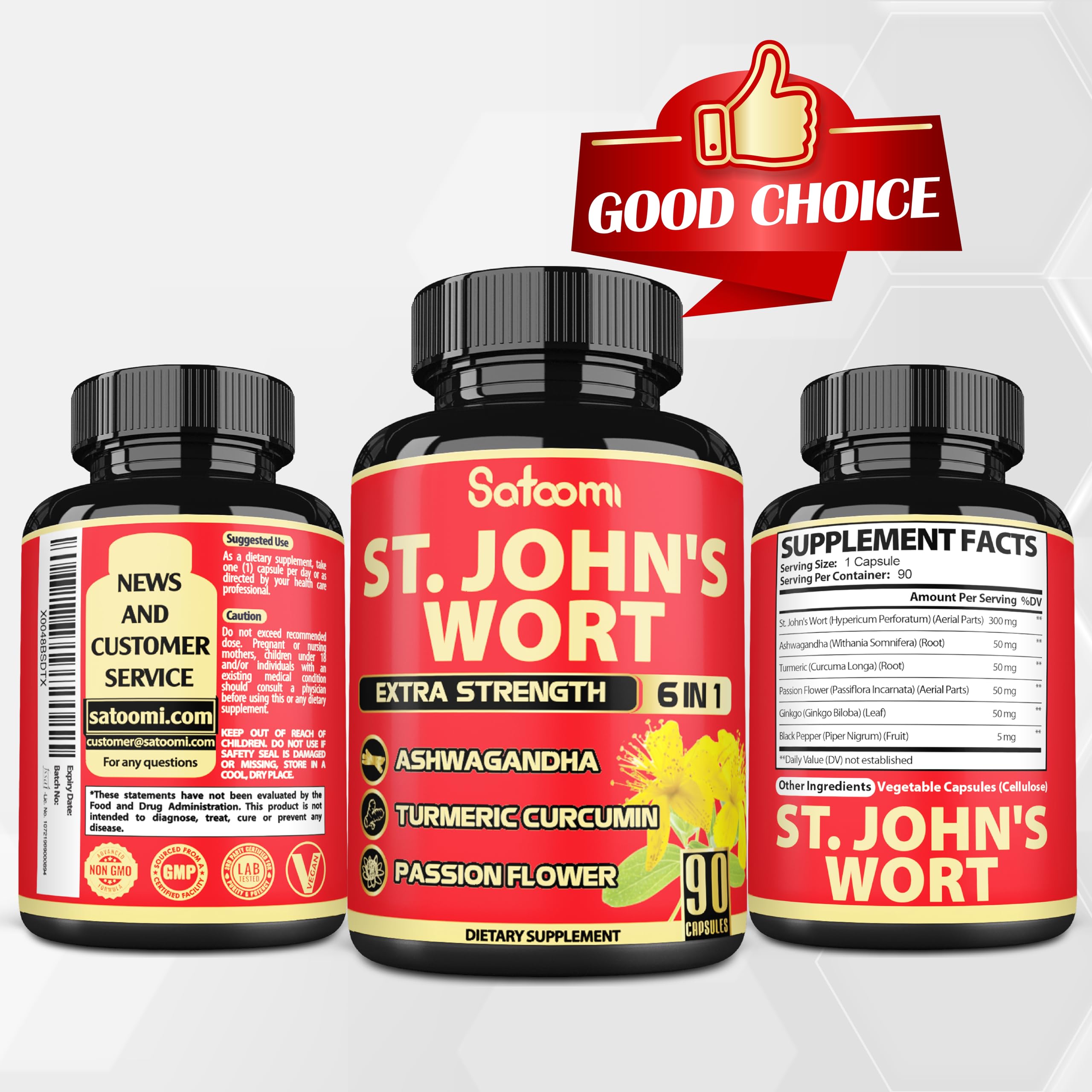 Satoomi St. John's Wort Herbal Supplement bottle on a wooden table
